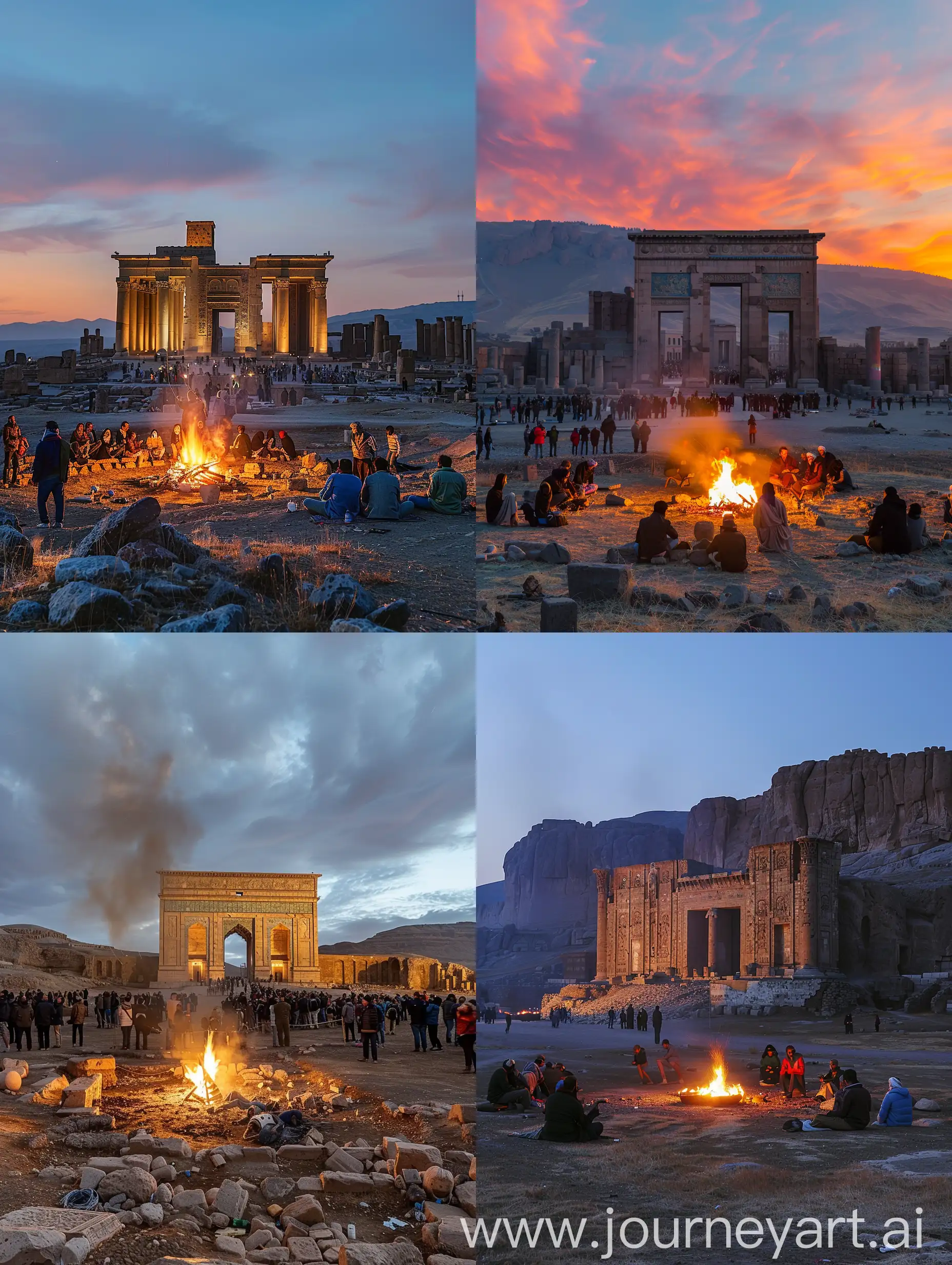 A panorama of Persepolis and people gathered in front of it around the fire