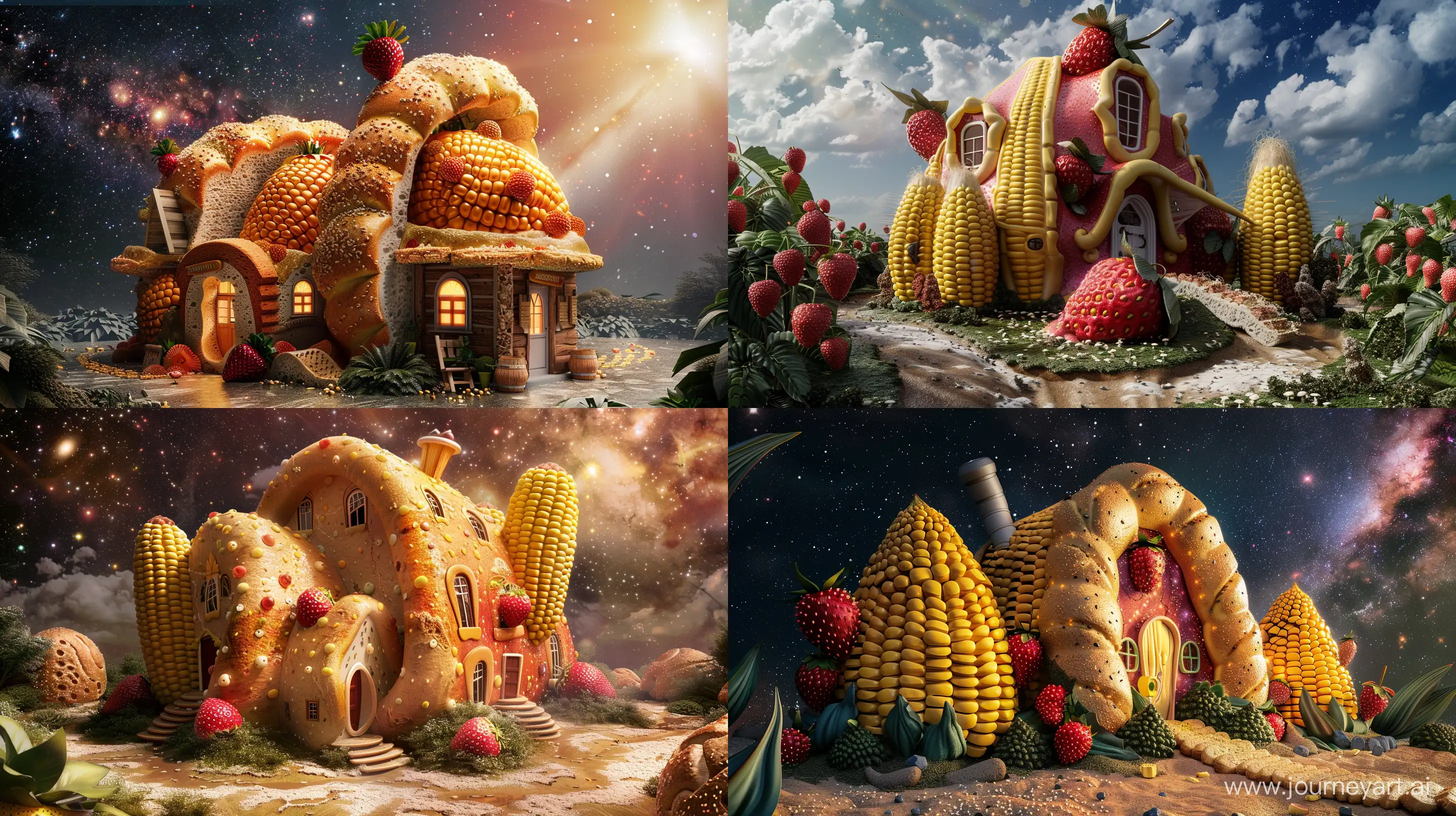 luxury house in the shape of corn and bread and strawberry, in the galaxy, fantasy style, realistic --ar 16:9