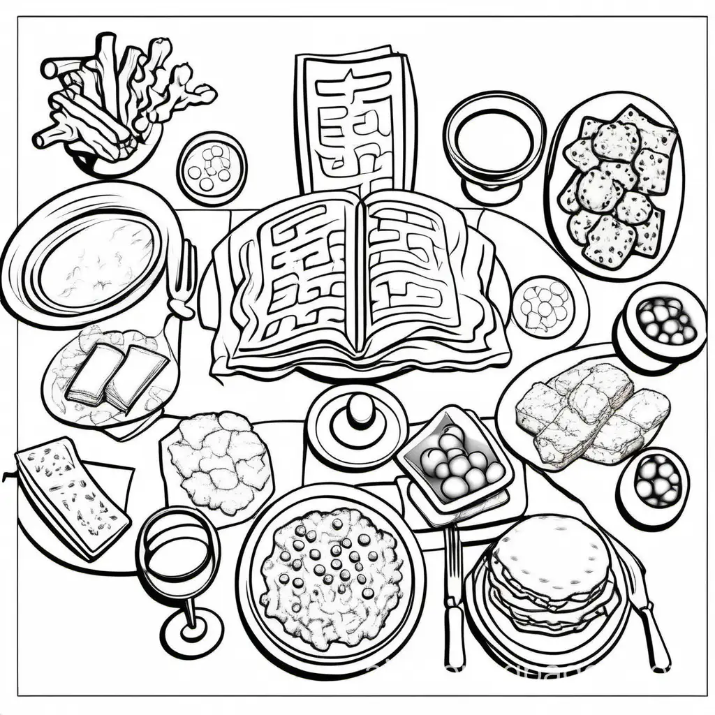 """
Create a coloring page for a coloring book for toddlers The Seder Table: A cute coloring page featuring a simple black outline of a table adorned with Passover items like matzah, wine glasses, and a seder plate.   The drawing should be a thick black solid line with a white background, Pixar style, Coloring Page, black and white, line art, white background, Simplicity, and Ample White Space. The background of the coloring page is plain white to make it easy for young children to color within the lines. The outlines of all the subjects are easy to distinguish, making it simple for kids to color without too much difficulty, The Coloring Page, black and white, line art, white background, Simplicity, and Ample White Space. The background of the coloring page is plain white to make it easy for young children to color within the lines. The outlines of all the subjects are easy to distinguish, making it simple for kids to color without too much difficulty.

Remove small dots and details from the drawing., Coloring Page, black and white, line art, white background, Simplicity, Ample White Space. The background of the coloring page is plain white to make it easy for young children to color within the lines. The outlines of all the subjects are easy to distinguish, making it simple for kids to color without too much difficulty
"""