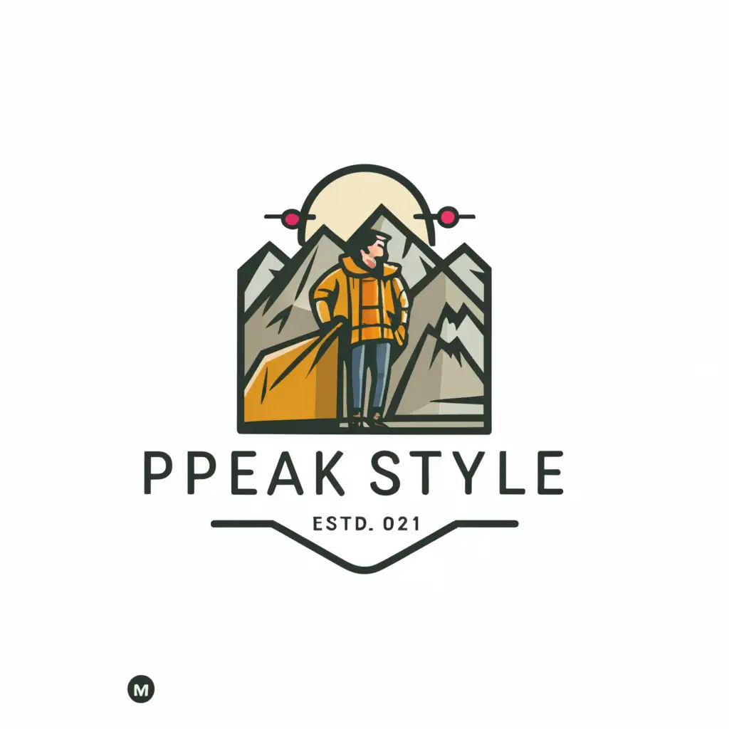 a logo design,with the text "Peak style", main symbol:A man waring rain coat classes hold a bag and torch and baground mountain,Moderate,be used in Travel industry,clear background