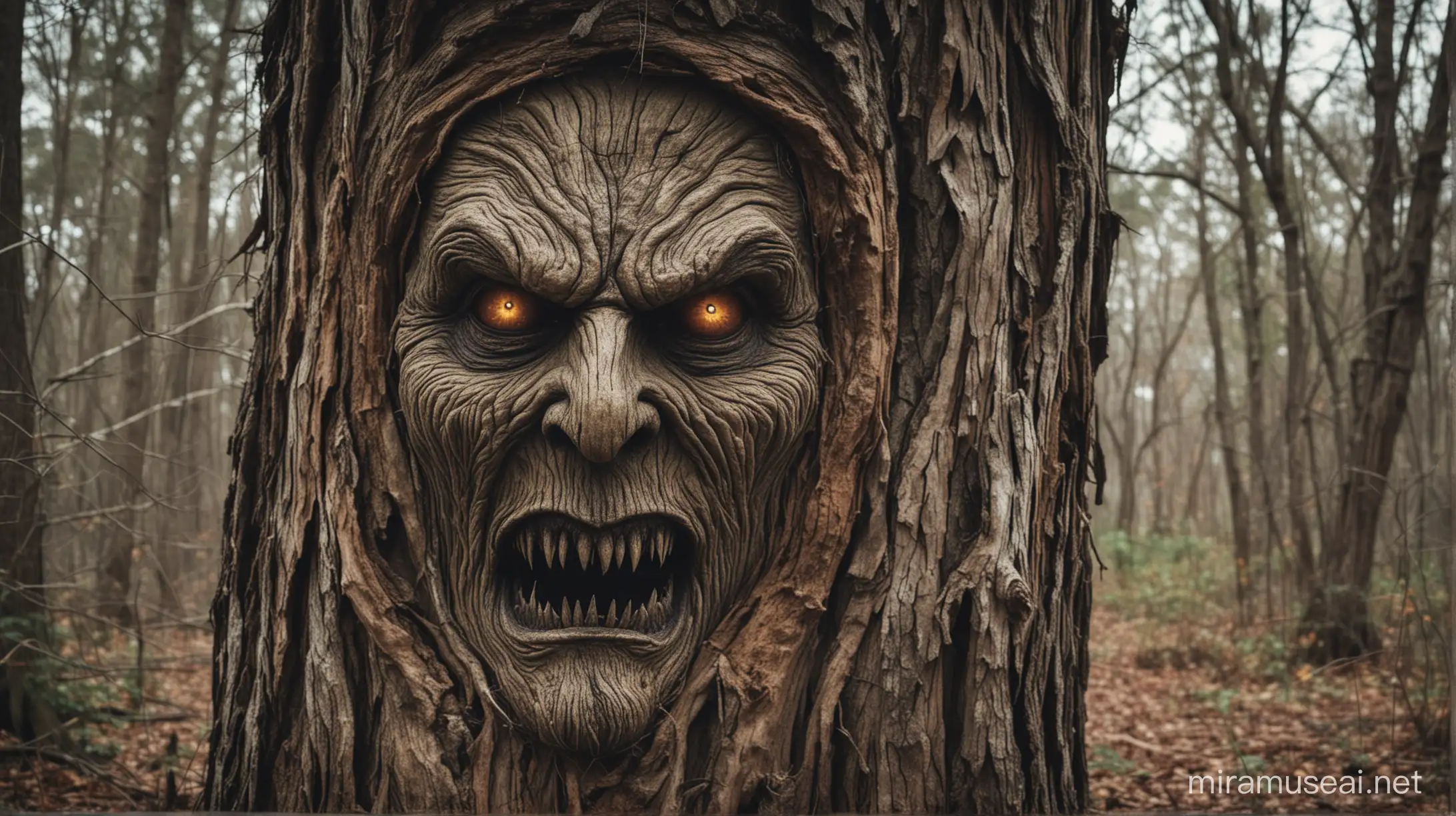 Spooky Tree with Demon Face Haunting Halloween Night Scene