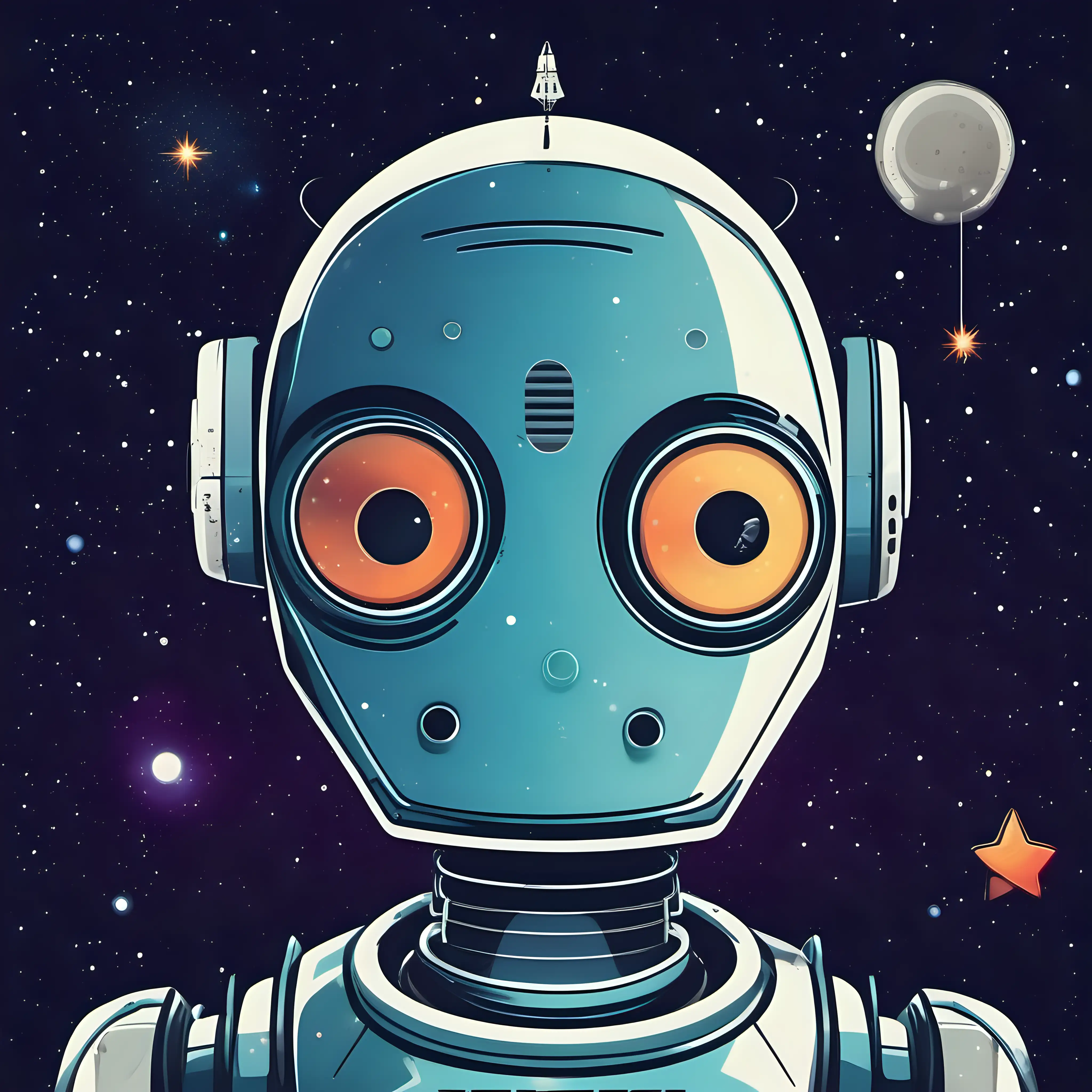 robot looking into the future, space background with a star.