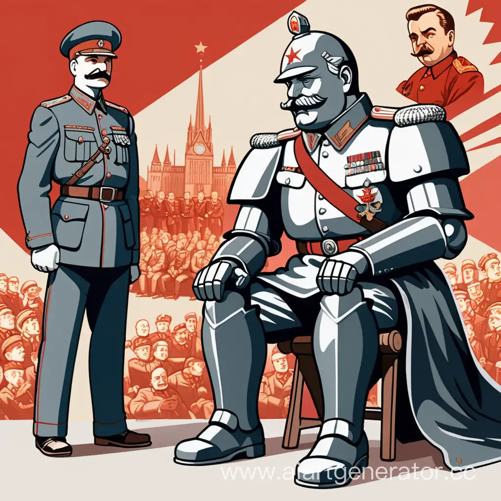 рыцарь в стиле аниме сидящий на одном колене перед сталином и черчиллем