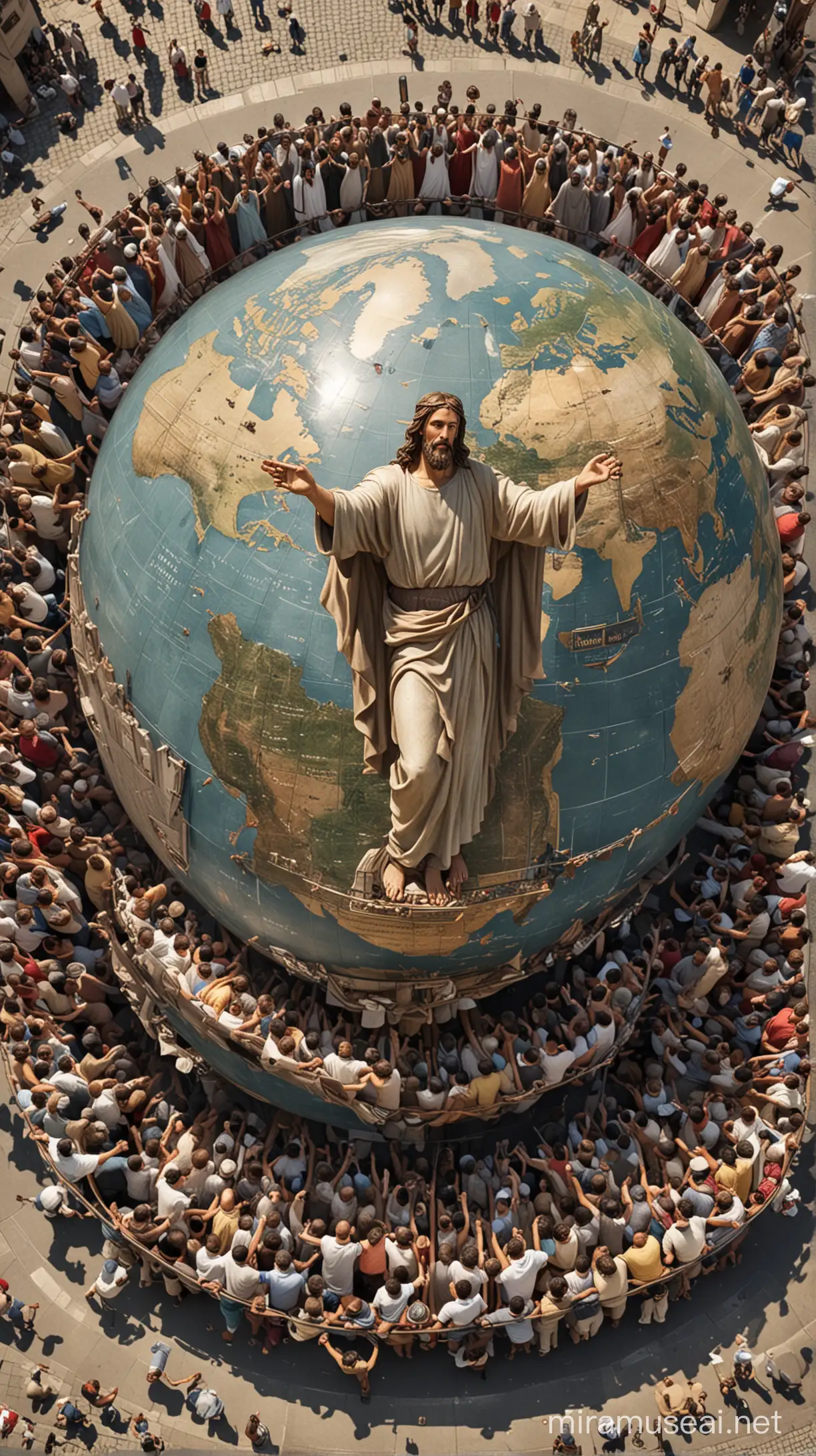 Jesus Christ in a Crowded Square with a Globe
