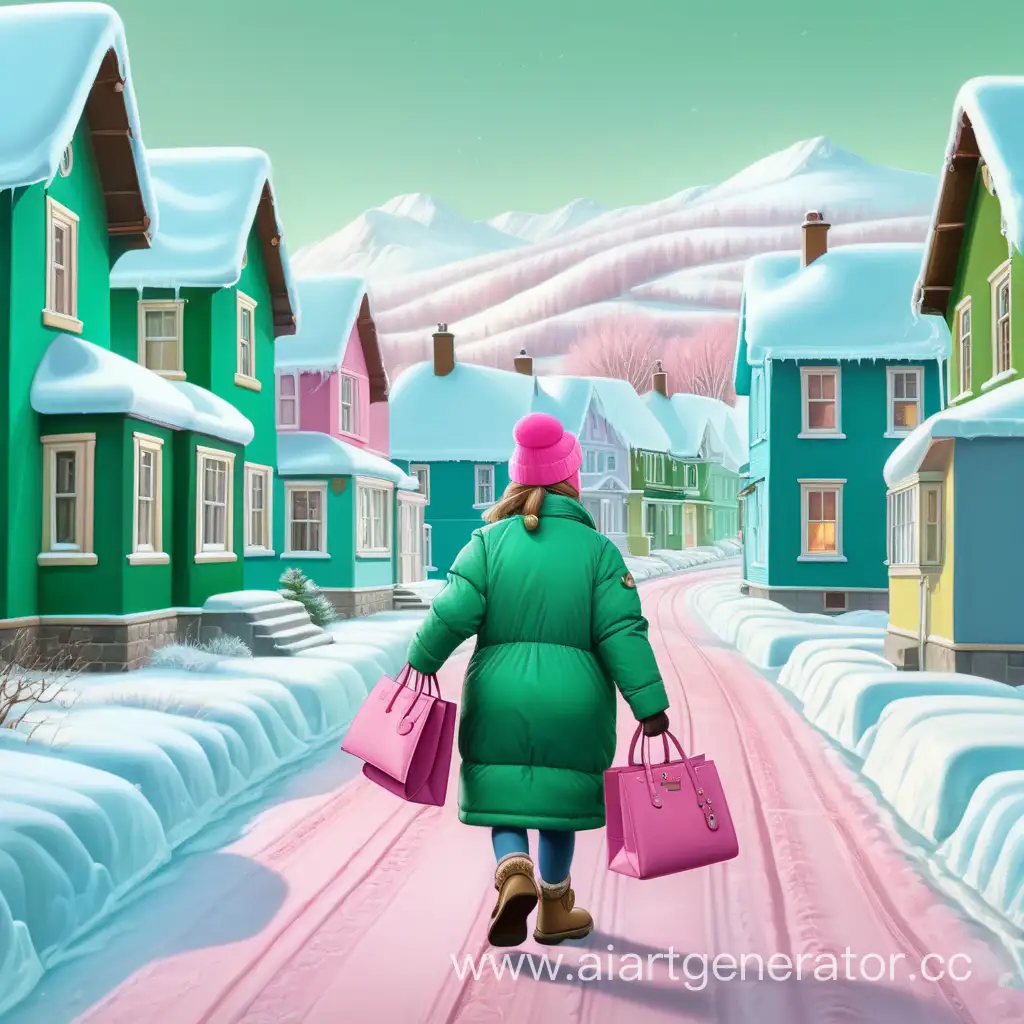 Winter-Walk-Aunt-in-Green-Jacket-and-Pink-Hat