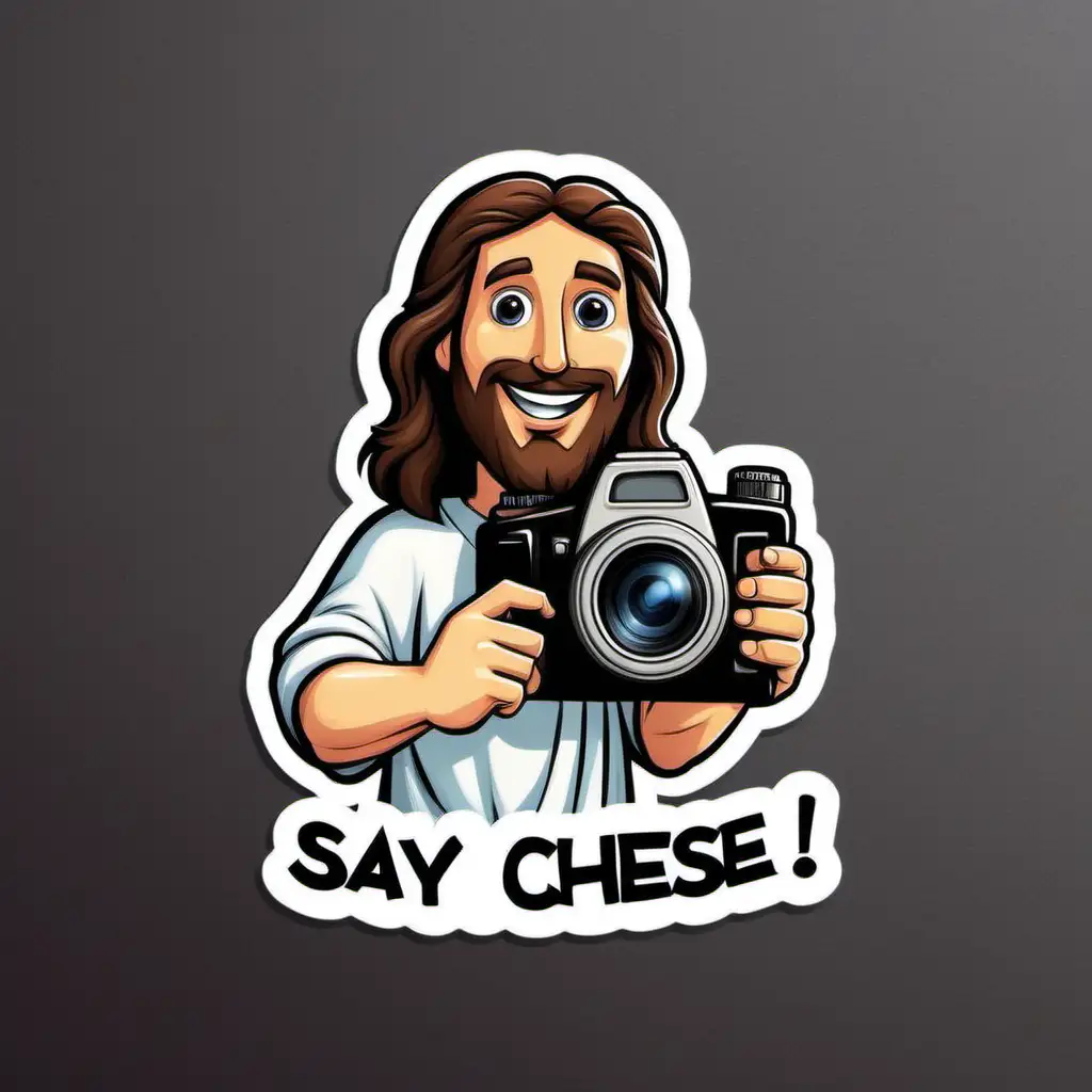 sticker cartoon Jesus holding a camera with words "Say Cheese" under photo