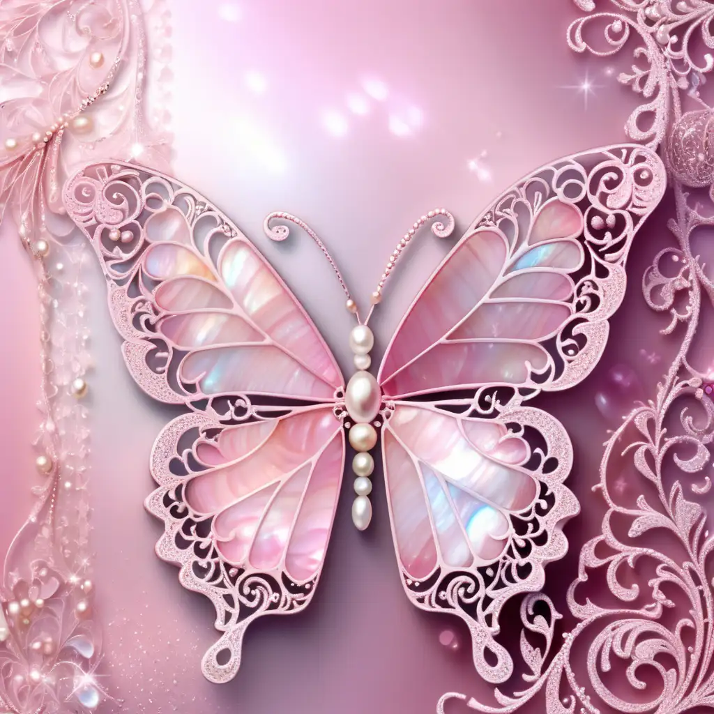 pink mother of pearl glitter background, filigree, lace, pearls, glittersplash, shimmering, glitter dust, drop shadows, delicate fancy butterfly