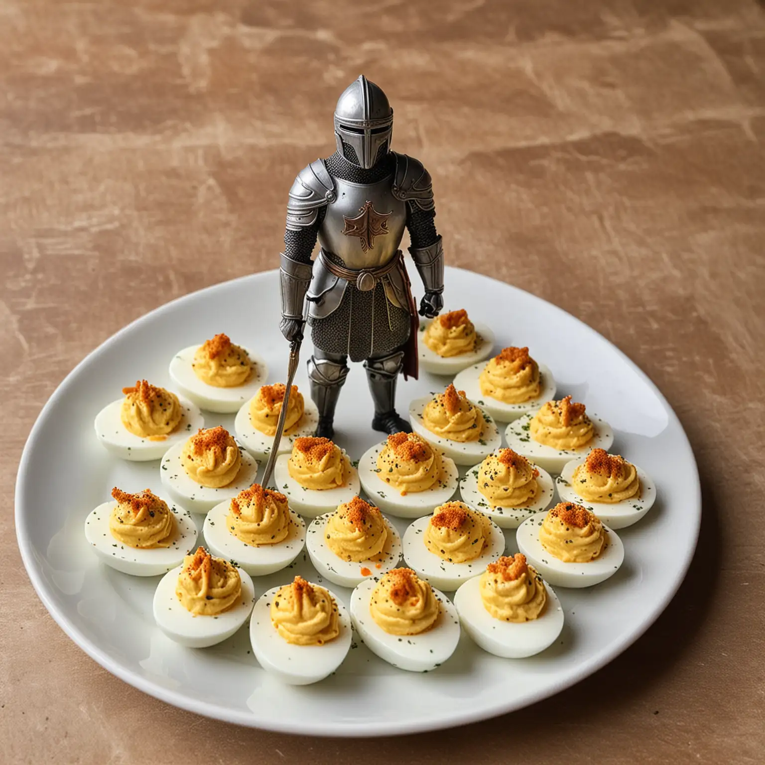A knight guarding a plate of deviled eggs