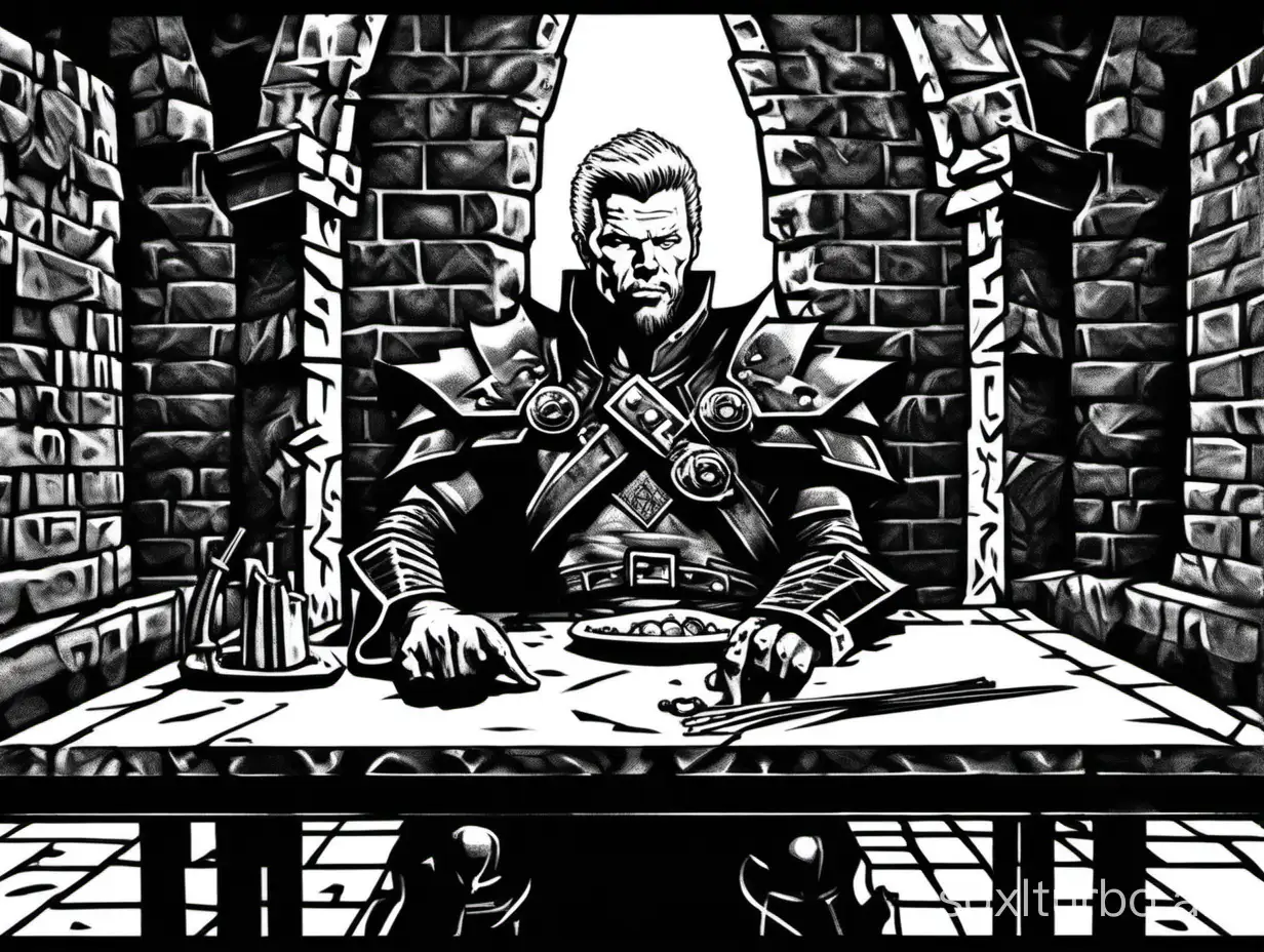 style of 1979 Advanced Dungeons and Dragons, a James Hetfield:fighter, sitting at a table, in a dark fortress, impatient expression, 

half body, 1bit bw, black border, no detail, abstract,
