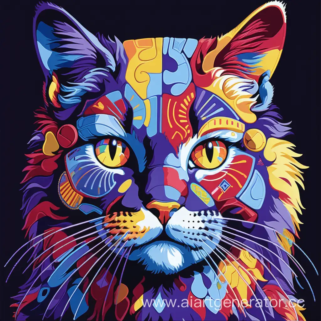 Футуристичная морда кота из разных пятен синих, ЖЕЛТЫХ И КРАСНЫХ цветов на темном фоне с фиолетовой подсветкой картина по номерам 