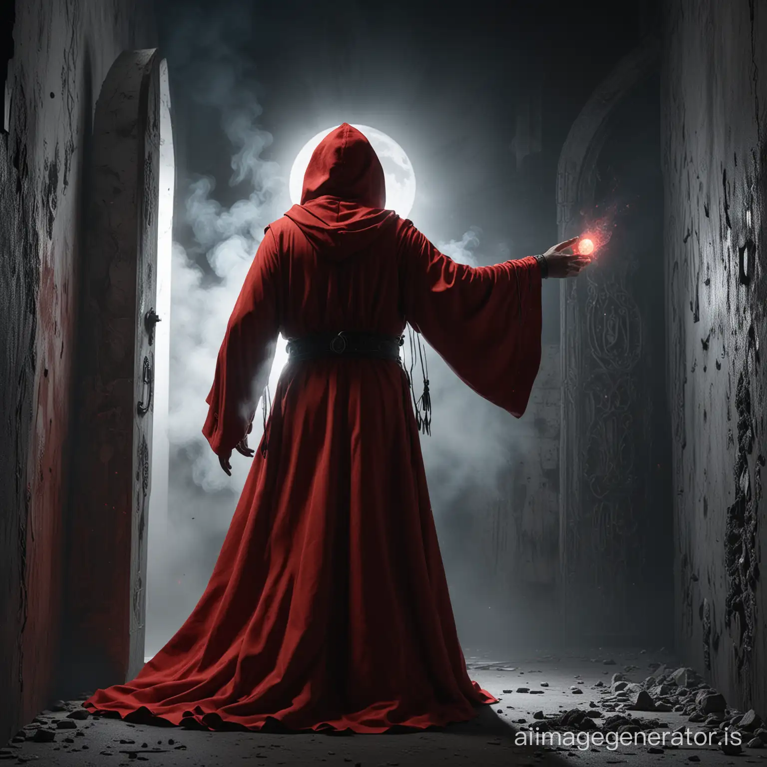 super close-up,white sorcerer in a red cloak, master of smoky shadows, emphasize the texture of the walls with light, white necromancer of the black door, another form of life, anti-graviton, levitation, spot lighting of the spotlight, the texture of concrete is illuminated from above, dark tonality, elaboration of small details, scratching, palette black white blue red smoke, moon lighting, Ray Tracing Global Illumination, Optics, Scattering, Glow, Shadows,Hyper detailed