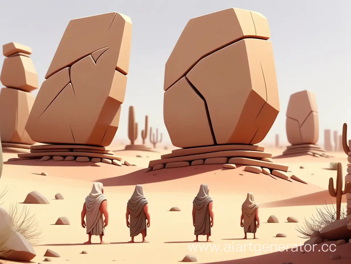 cartoon style, 8k,  people turn stone standing in the desert

