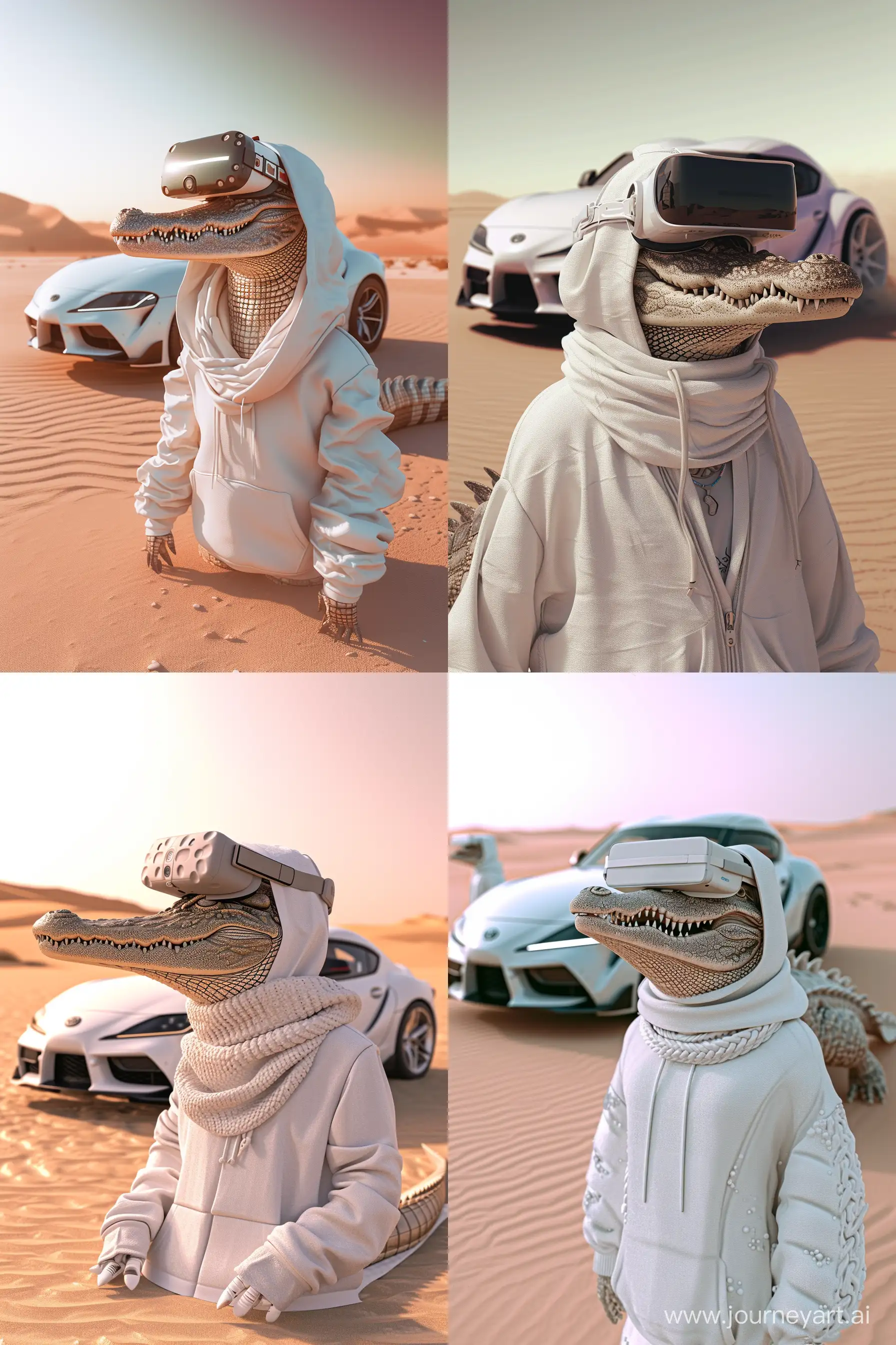 a crocodile wearing a white winter hoodie and wearing VR glasses and wearing a white scarf and behind it a Supra mk4 car and it is in the desert, in the style of futuristic psychedelia, light magenta and light gray, realistic anatomies, mechanized forms, soft gradient. --ar 2:3 --style raw --v 6.0