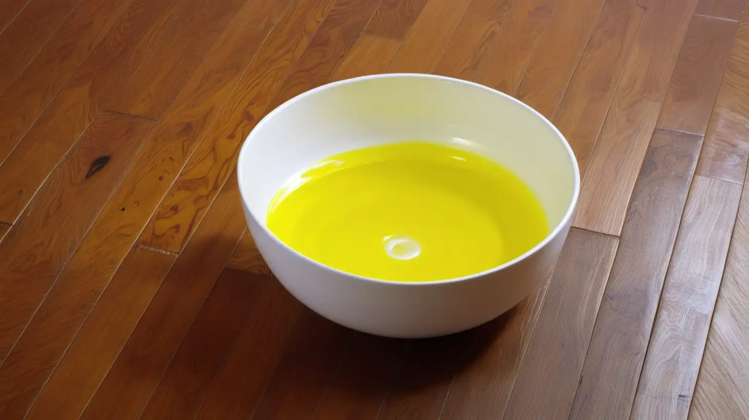 white bowl with yellow water on wood floor