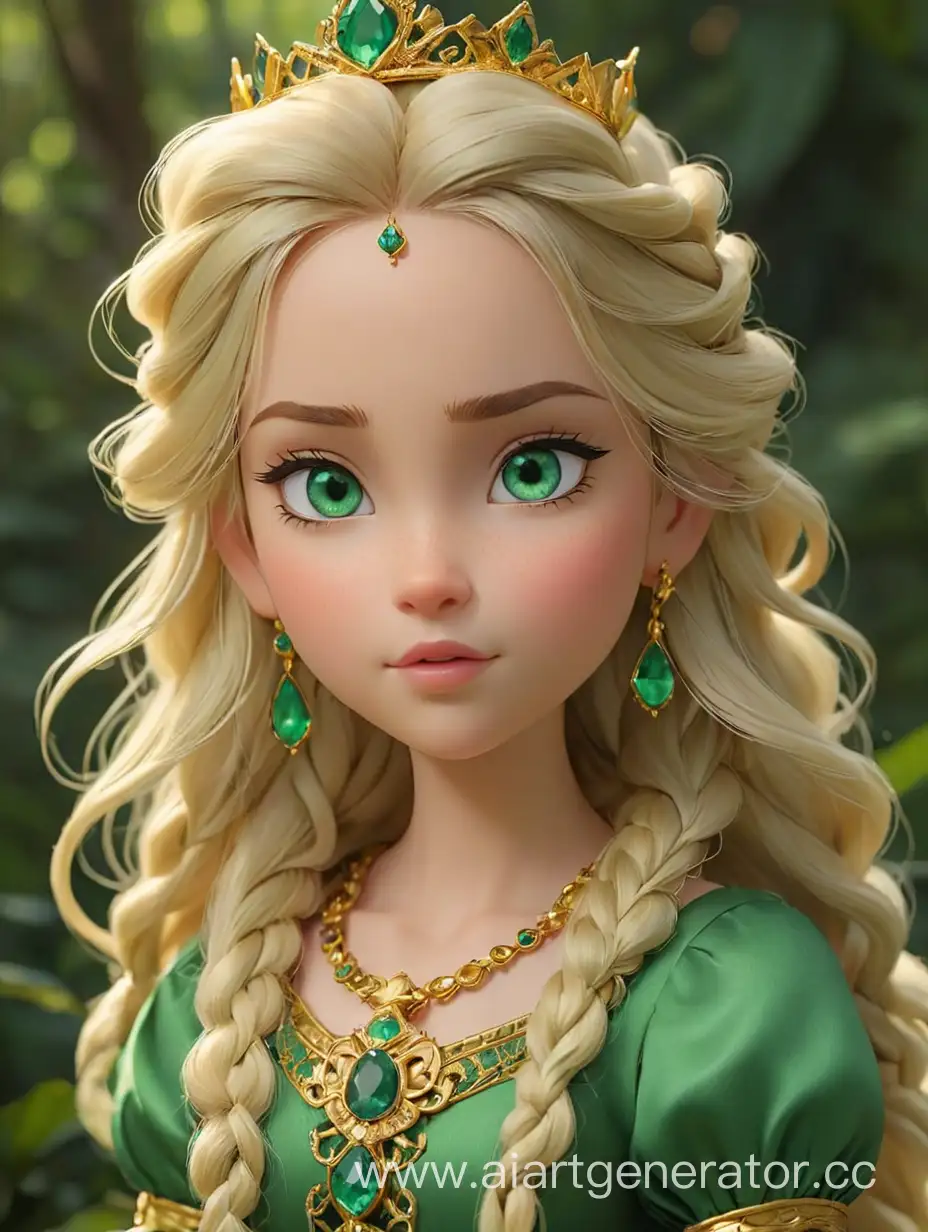 Externally, the princess doll is very beautiful, she has light skin, a thin waist, huge emerald green eyes fringed with long eyelashes, long blond hair braided in a thick braid and laid around her head. He wears a gold crown on his head. The ears have thin earrings in the shape of dragonflies. The princess wears a pale lemon dress with short, puffy sleeves, which are fastened at the bottom with clasps of the same color with small emerald buttons.