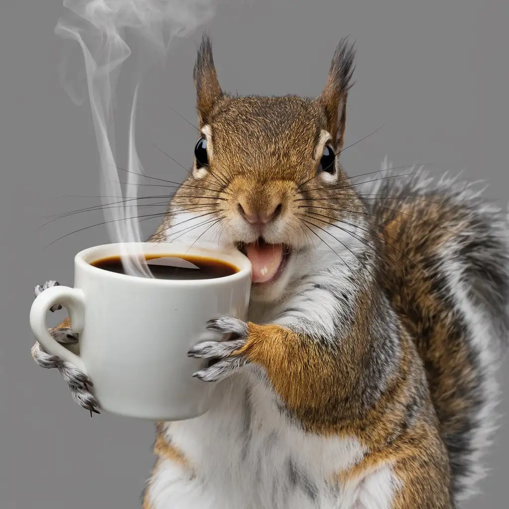 Photo with humor very funny in which a squirrel holds a cup of steaming coffee. The squirrel is very funny and looks particularly energetic and ready to act, suggesting that the coffee is very strong. The background is neutral to focus attention on the squirrel and its expressive response to the power of coffee.