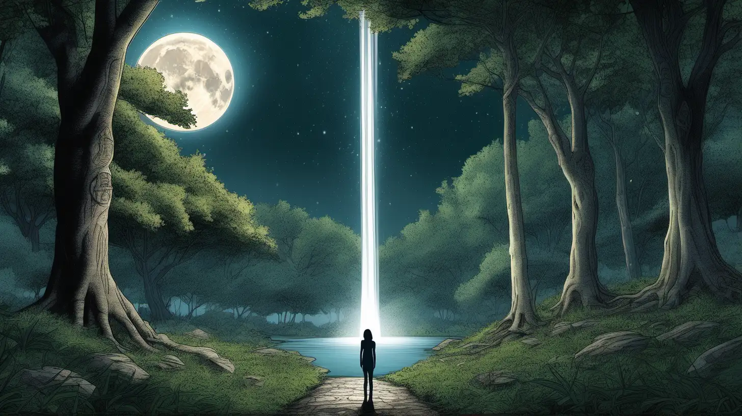 Please create an image of a wooded area under the light of a full moon. In the center of the scene, there's a pebbled path that splits into two separate trails—one leading left next to a big tree and the other right next to a large waterfall. A woman stands at this intersection, contemplating which path to take. The atmosphere should feel spiritual, with a serene and harmonic energy resonating throughout the scene.