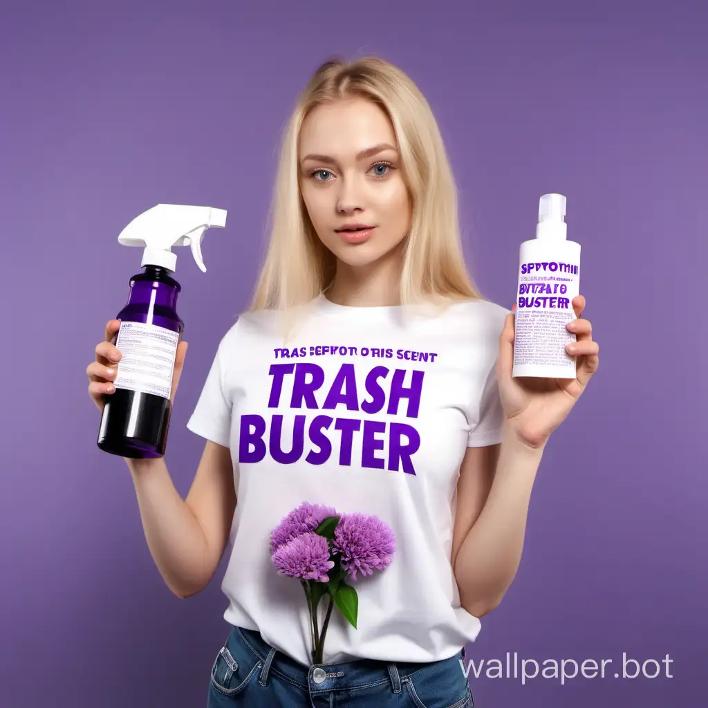 A beautiful blonde girl advertises a remedy for odors TRASH BUSTER, a trigger bottle purple with a label TRASH BUSTER scent of Flowers, inscription Septohim on clothing.