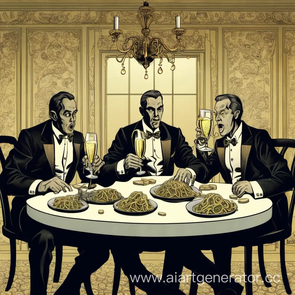 Трое мужчин за столом пьют шампанское с кальмаром. Вокруг деньги