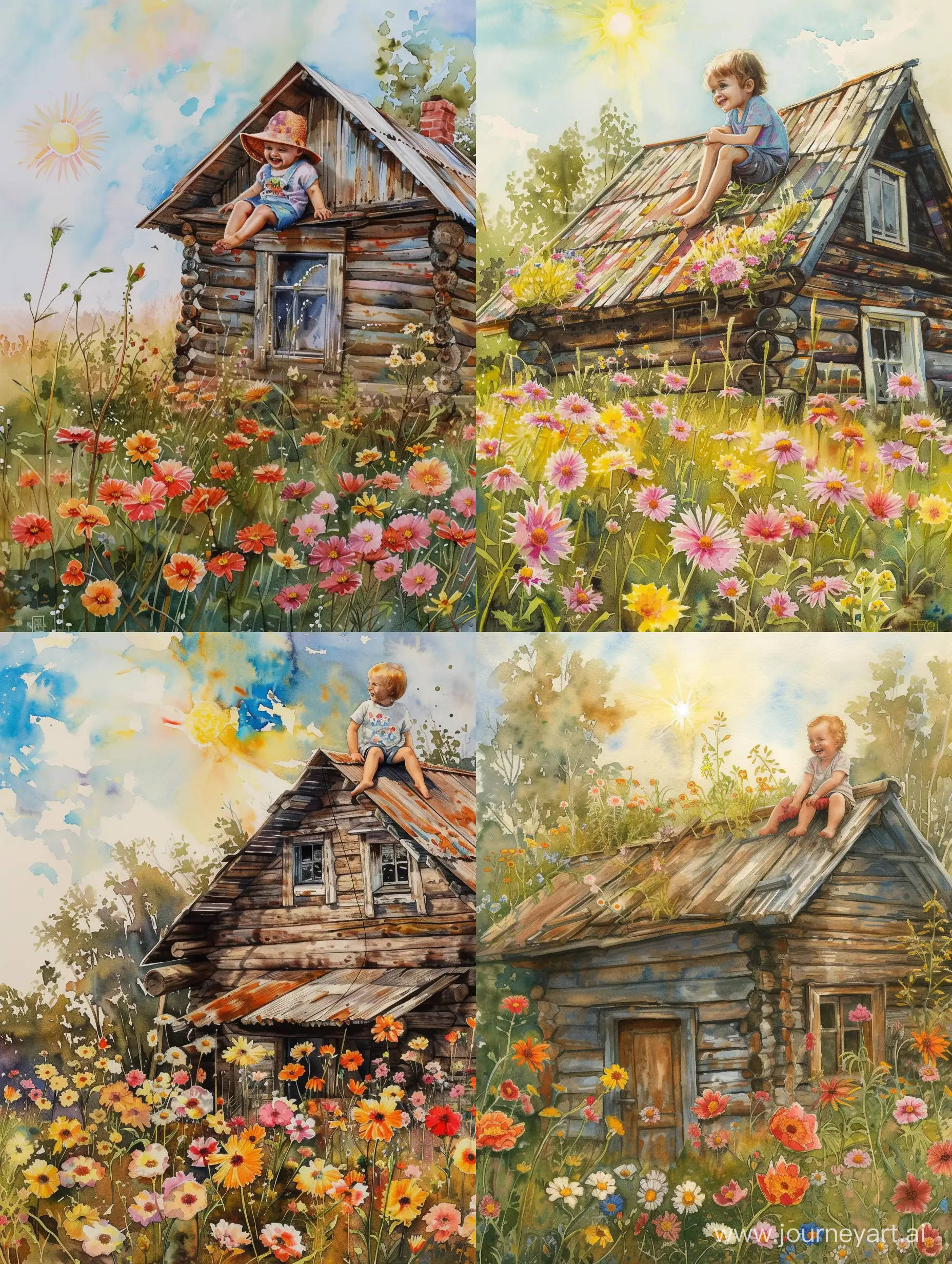 Child-Admiring-Sun-from-Old-Wooden-House-in-Vibrant-Russian-Village-Meadow