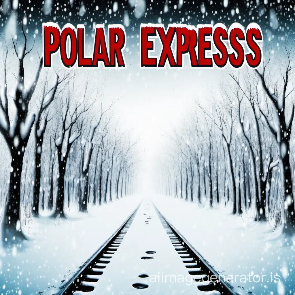 I want a poster of a snowy landscape with the word polar and the word express with red and black colors, blood drops, and footprints in the snow
