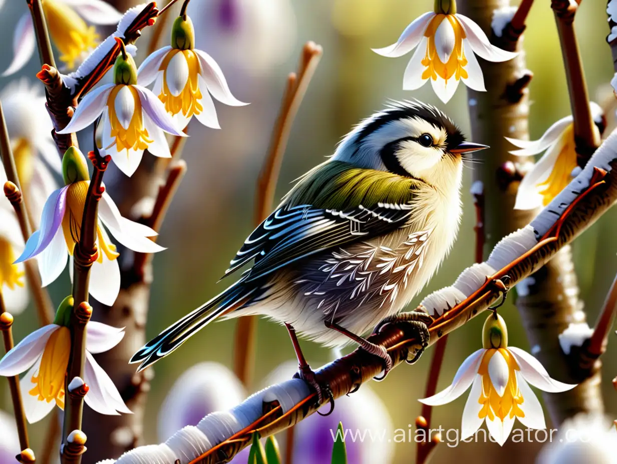The picture shows all the main symbols of early spring. March. It is warm, the sun is shining, Willow catkins, buds are blooming, snowdrops and crocuses are blooming. A little tit sits on a branch and sings.
