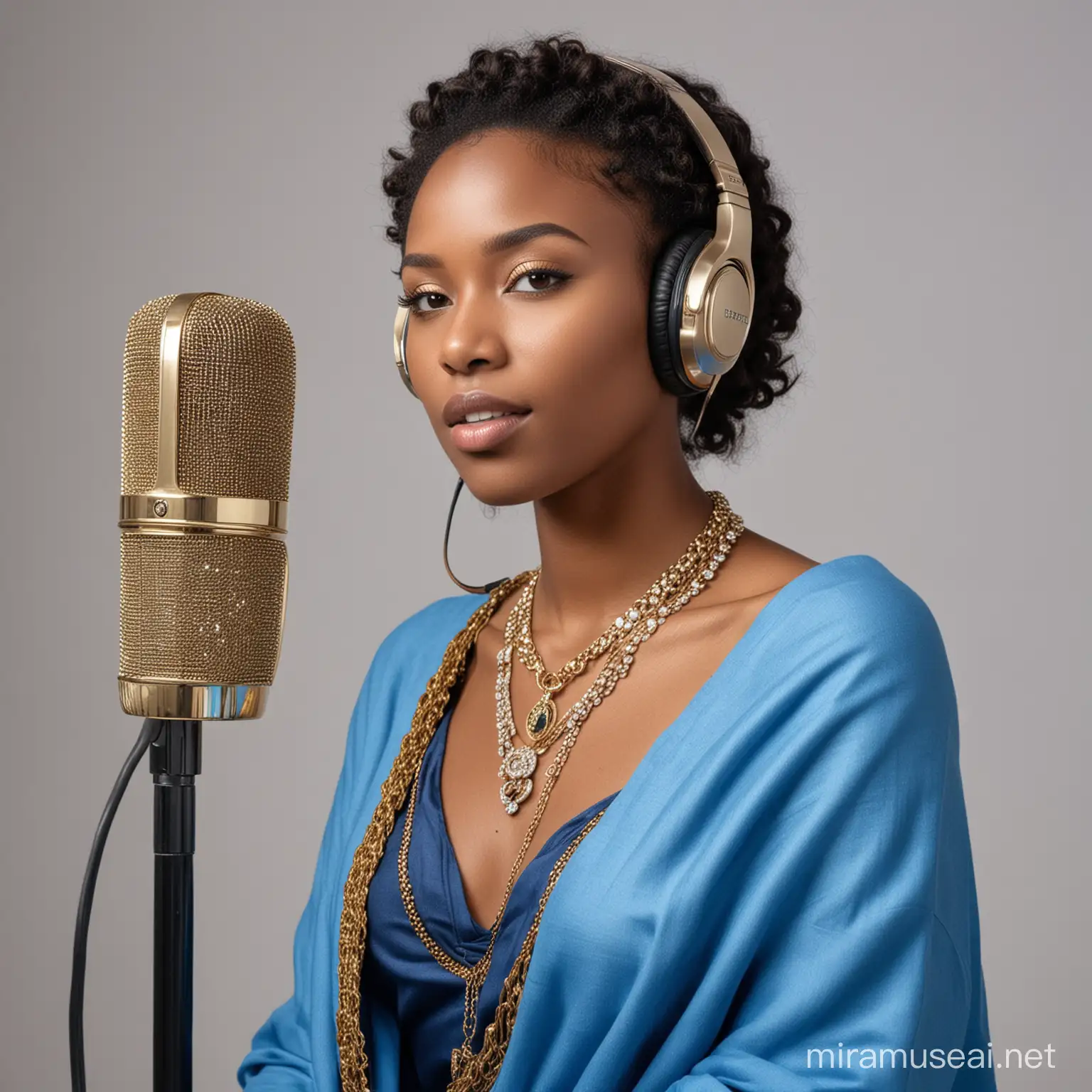 black ebony girl, model on podium wearing diamond jewelry on the neck and blue blue linen cloths decorated in gold, speaking in the studio with microphone, on headphones in Africa Web Radio studio