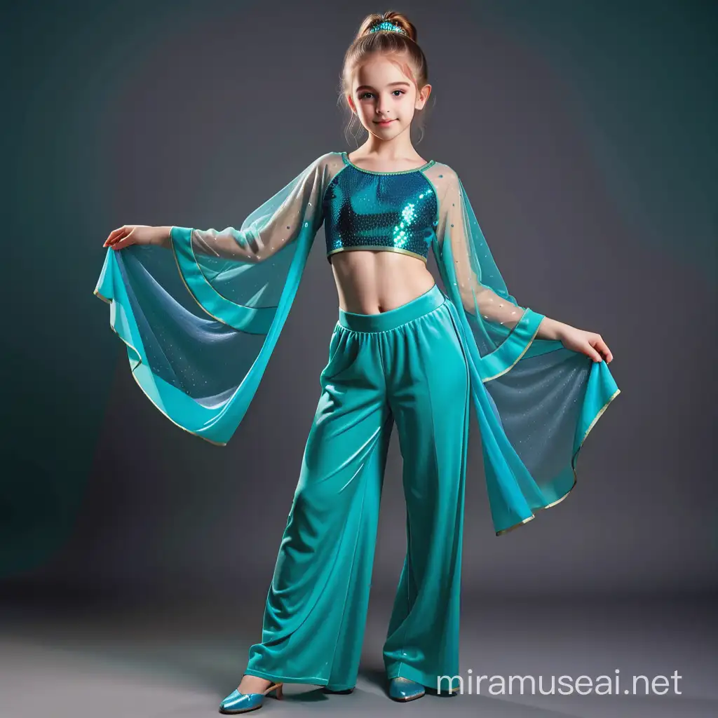 full-length teenage girl on a gray background in a closed dance costume of emerald color with blue inserts, wide transparent trousers, the whole body is covered with clothes, wide sleeves, blue sequins