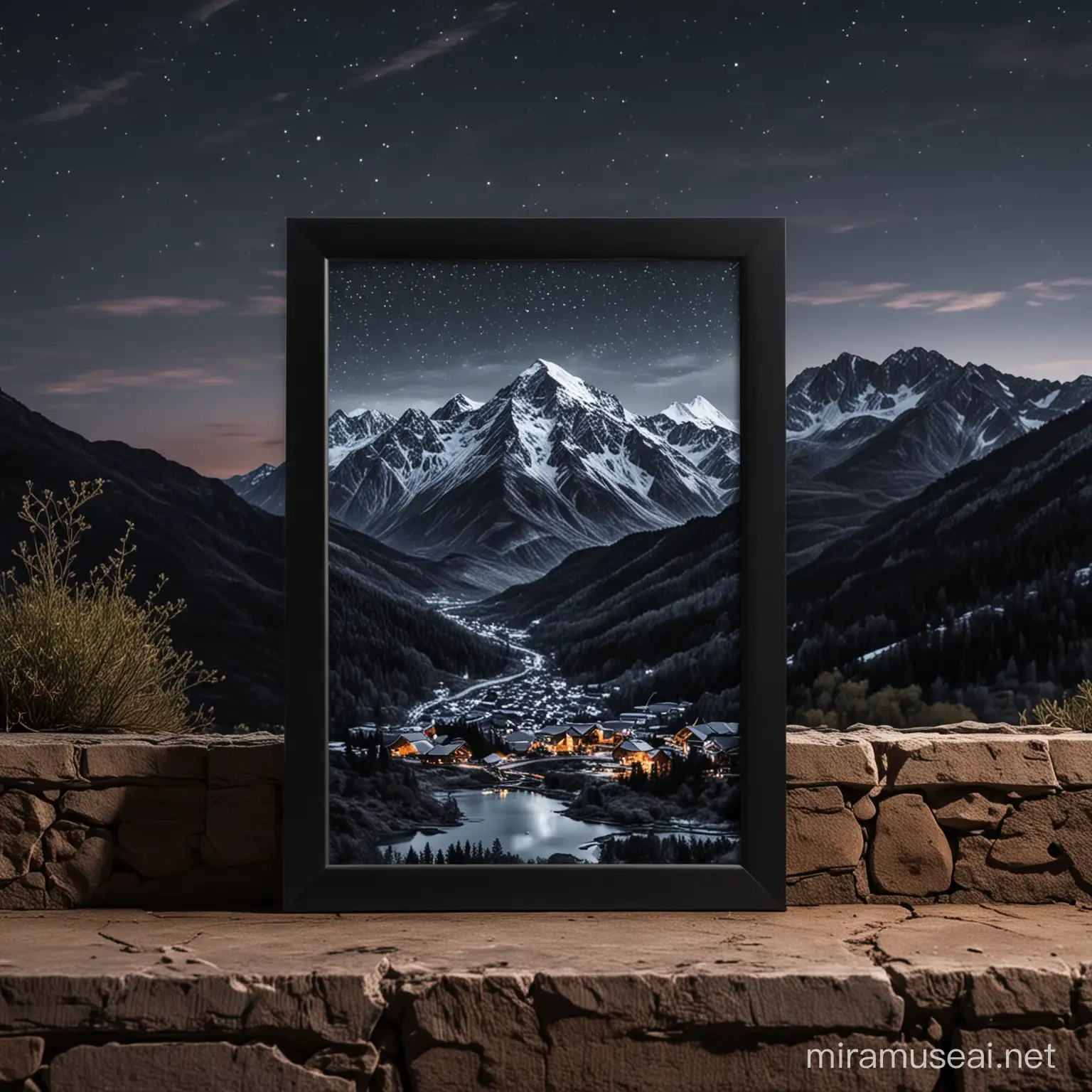 small A4 black frame mockup in the outside with a mountain view during the night
