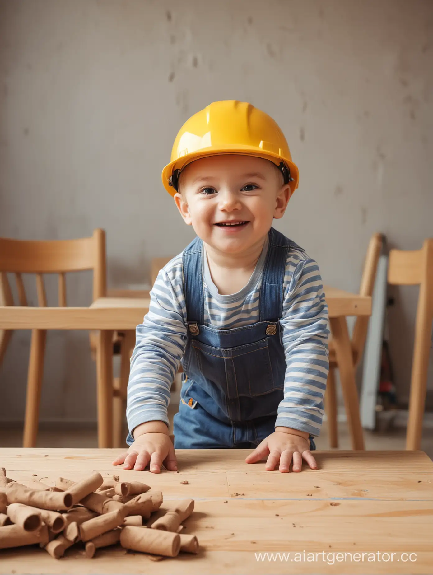 little happy boy in construction clothes and cap playing at the table