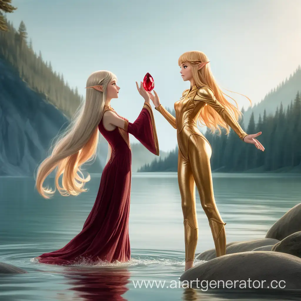 Девушка-эльф, очень длинные пепельные волосы, выходит из озера на берег, надет обтягивающий комбинезон золотого цвета, в руках крупный рубин, на берегу встречает и машет её близнец

