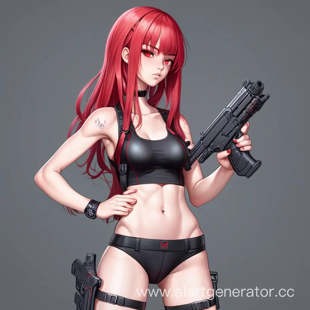 digital art, a girl with red long mullet hair, red eyes, in shorts and a tight bodysuit with a gun, full height