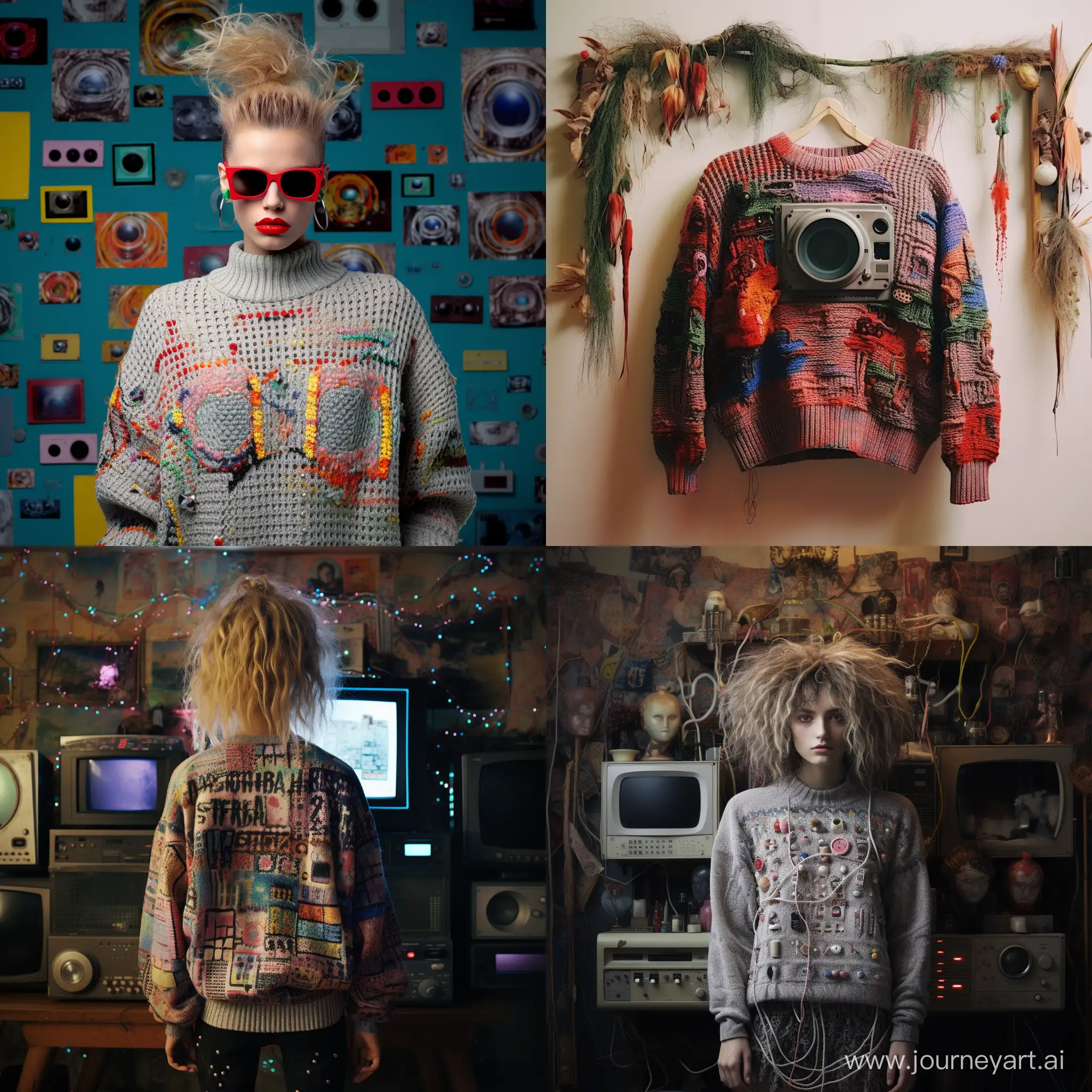 A photo of an oversize knitted sweater with a flat image on the sweater on which the computer controls the world, it conquered every person and plant, the image is connected from threads, punk style of the 80s