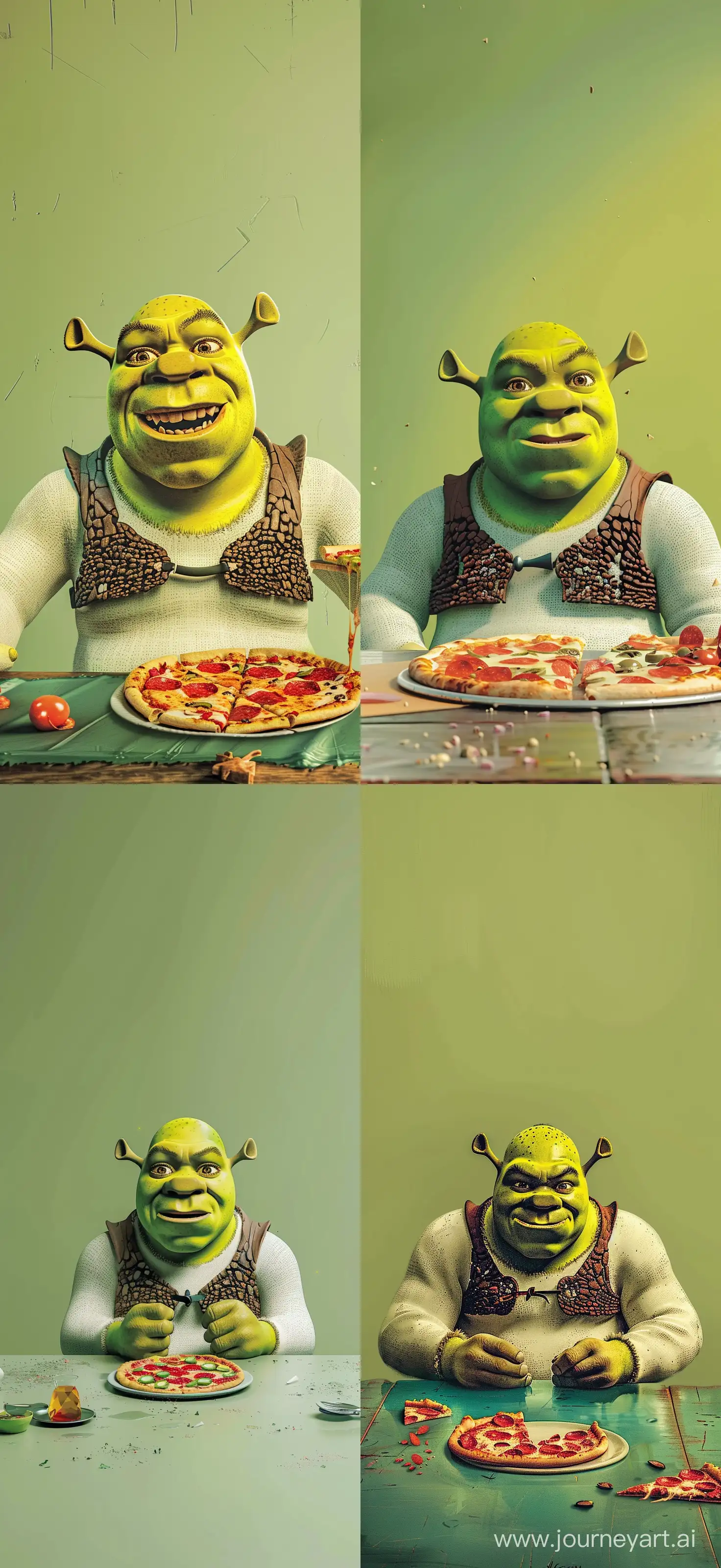Minimalism 2D Illustration Character: Shrek Sitting at the Table and the Pizza is in Front of it, Simple Pastel Green Background, High Quality --v 6.0 --ar 6:13