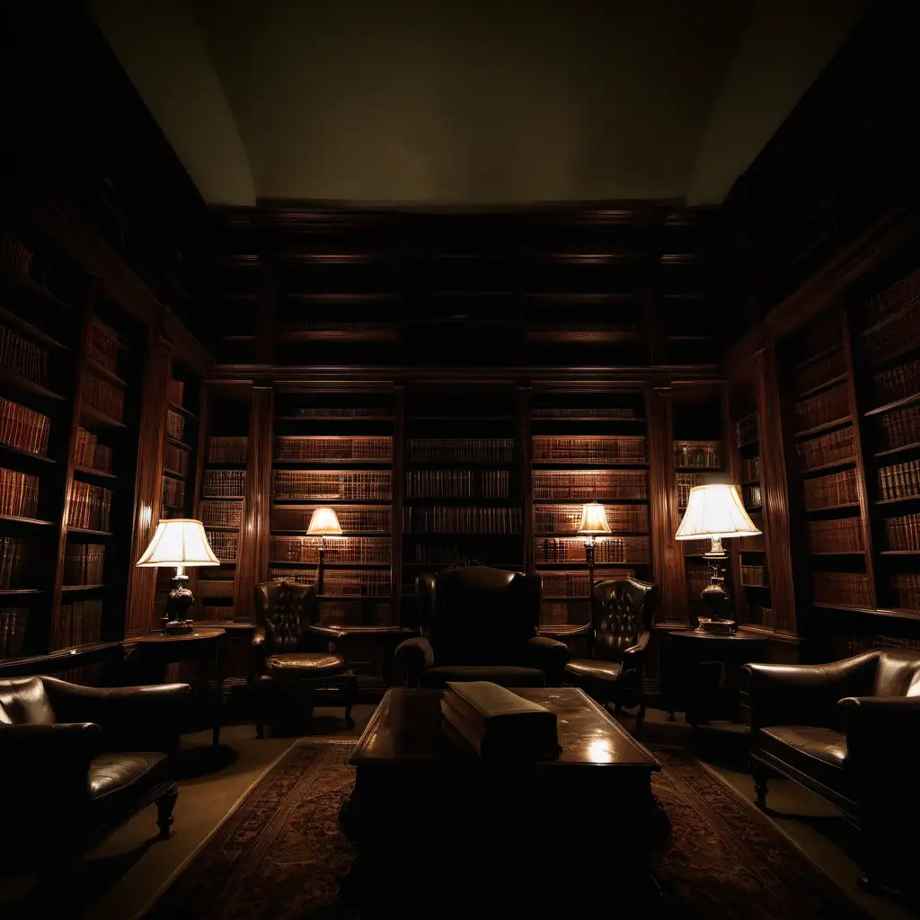 Dark library dimly lit in large manor house at night