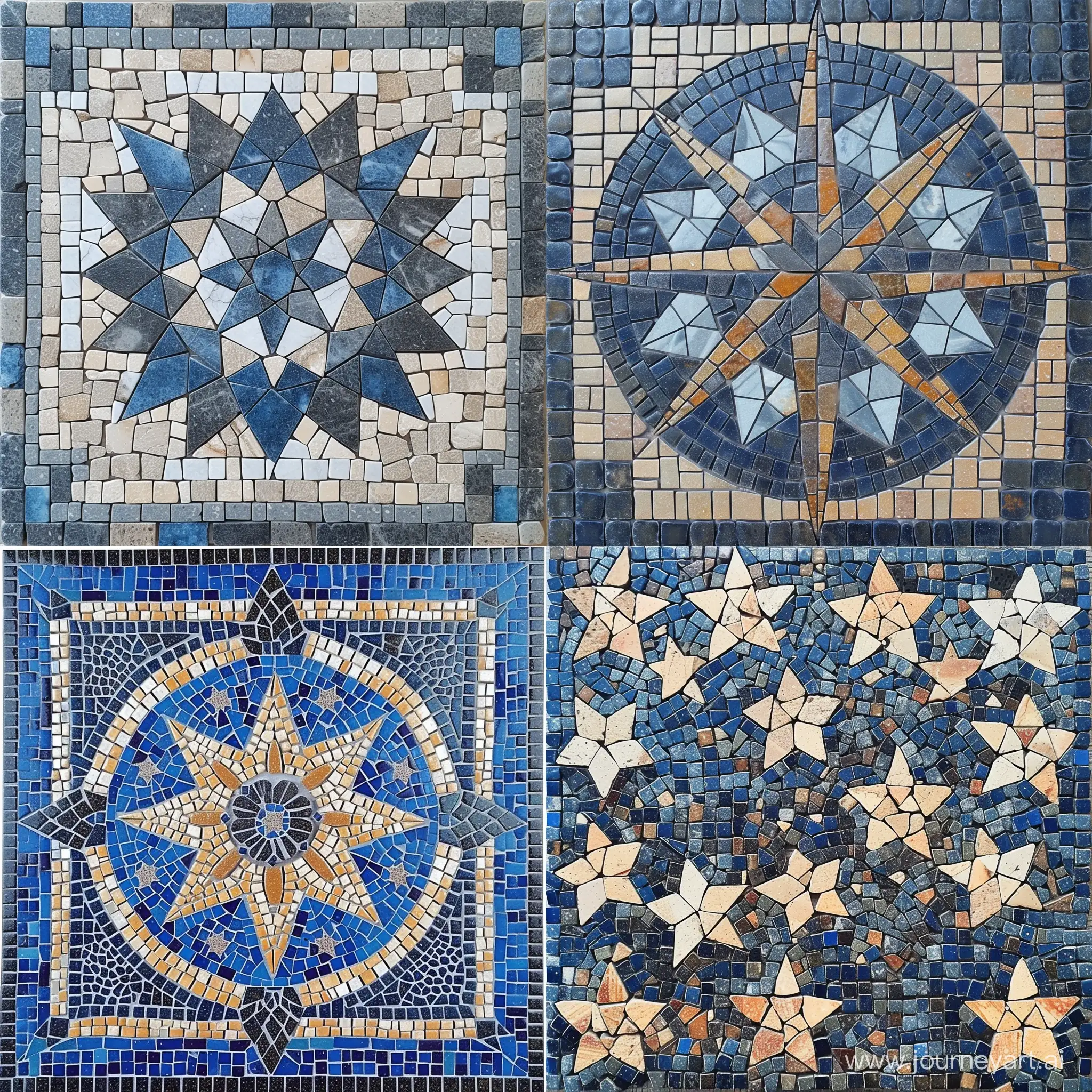 mosaic floor tile, star themed, blueish colors, zenithal view, big picture, complex design, cartoon style, arabesque