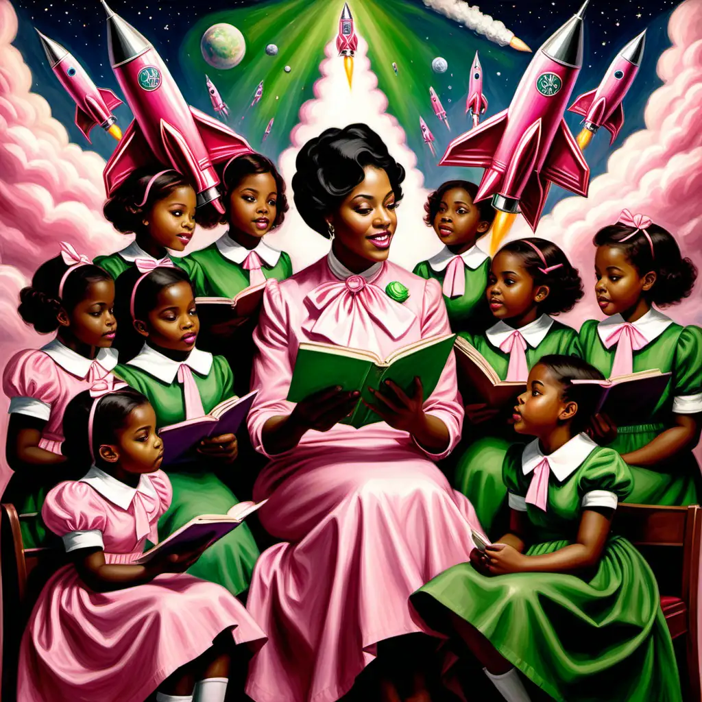 Generate a  realistic painting that portrays an elegant Alpha Kappa Alpha woman in her 30s,  reading to girls in 1908, with the theme "Soaring in the Rocket . " Use pink and green and rockets in the background. 