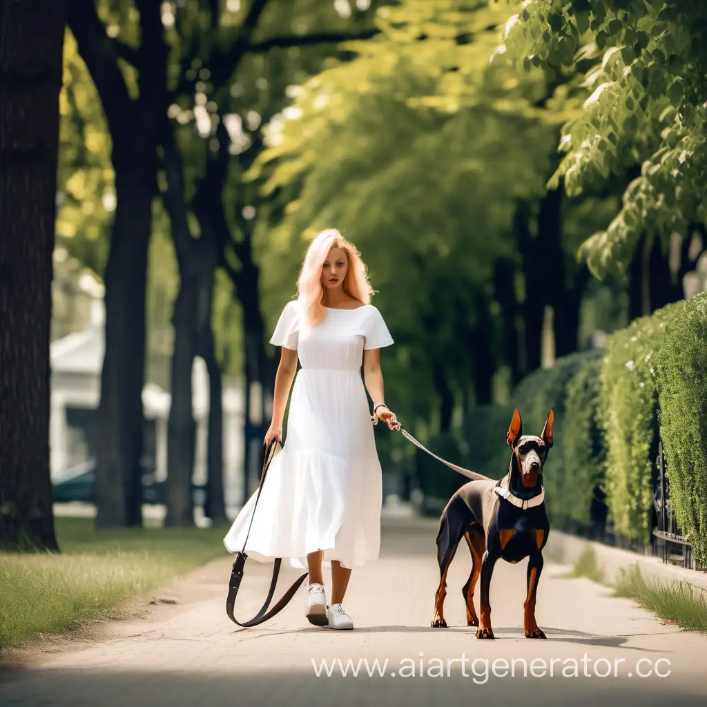 Girl-in-White-Dress-Walking-Dog-in-Park-Alley