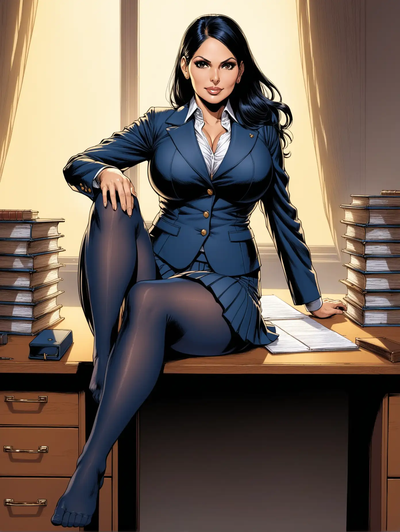 Mature, Priti Patel, dark navy pleated skirt suit [Highly Detailed] Bernie Wrightson art style, navy pantyhose, cleavage, relaxed with feet up on top of desk