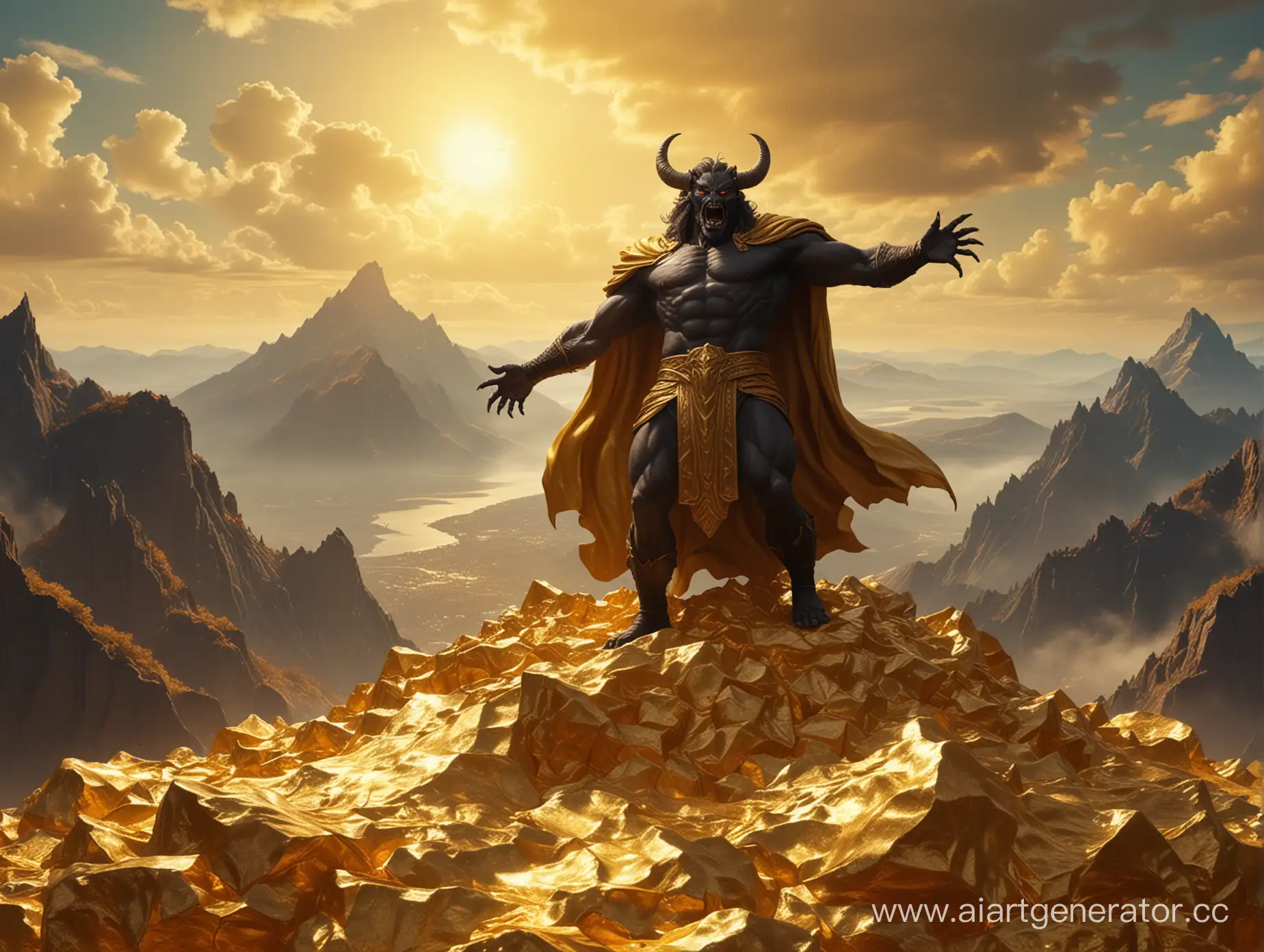 Victorious-Man-Celebrating-atop-a-Golden-Summit-with-a-Towering-Demon