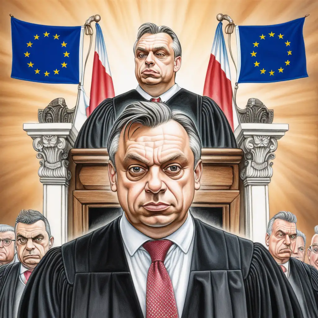 Create an image of a judge with Viktor Orban in front. In the background there must be a men and women, and also the EU flag. The image must be in the style of Matt Wuerker
