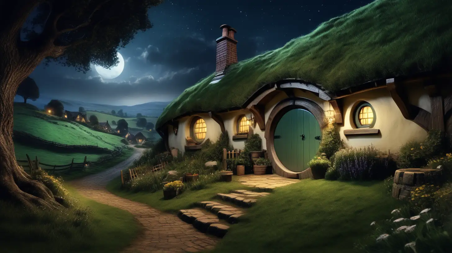 best quality, ultra-realistic photo, The Shire, night