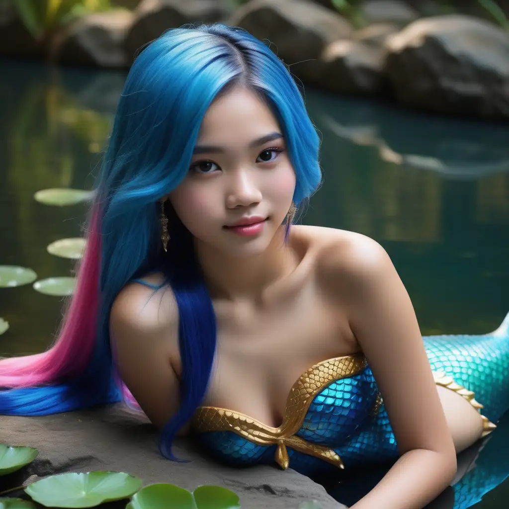 สาวไทย อายุ15 ปีหน้าตาสวย ผมสีฟ้า สวมชุดนางเงือก หางสีฟ้าปลายหางสีชมพูเข้ม นอนอยู่ริมบ่อศักดิ์สิทธิ์งามวิจิตร ultra realistic, 18k