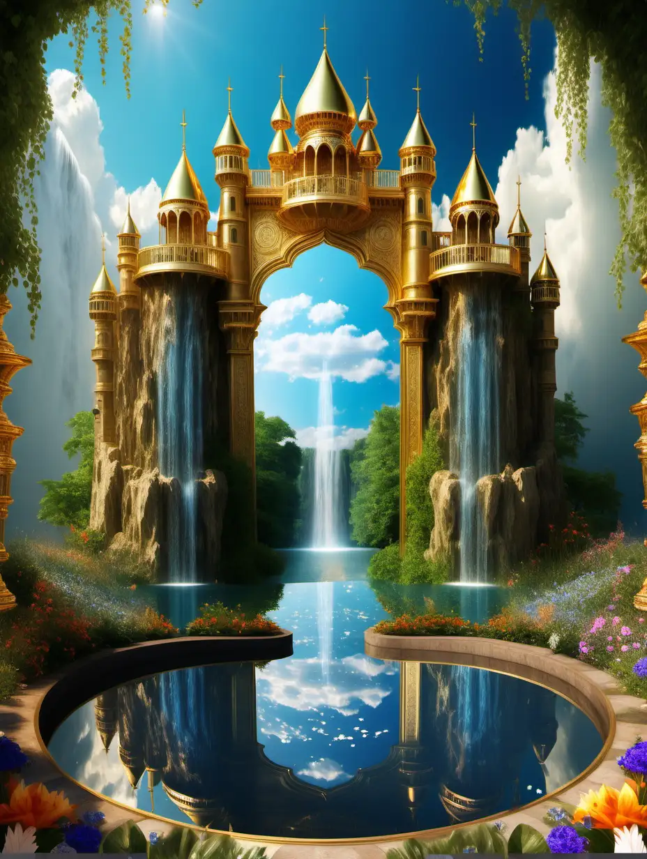 Celestial Paradise Enchanting Gold Castle Surrounded by Divine Nature and Precious Gem Gardens