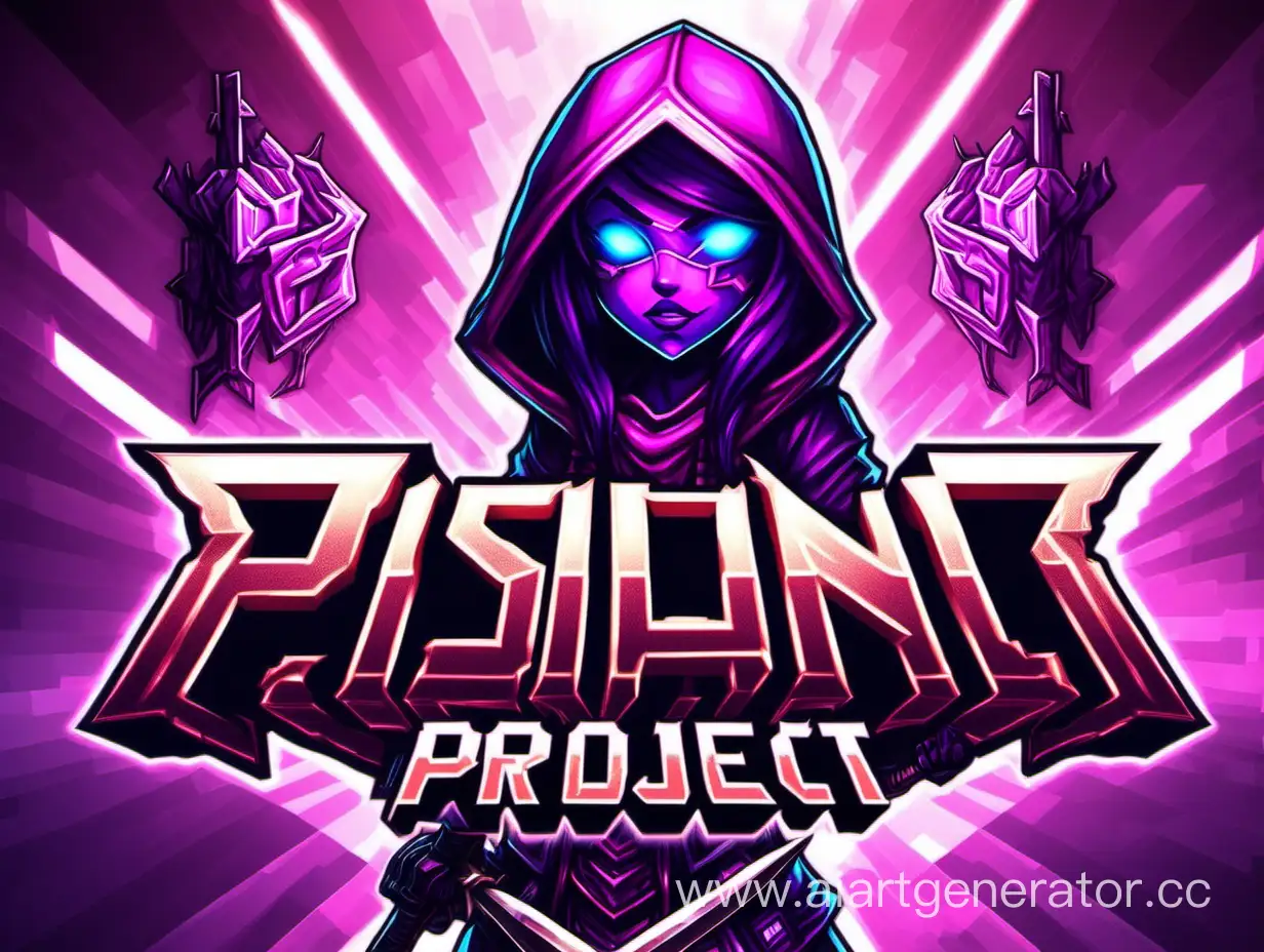 Банер с надписью psionic project. В стиле игры майнкрафт. С фоновым персонажем templar assasin