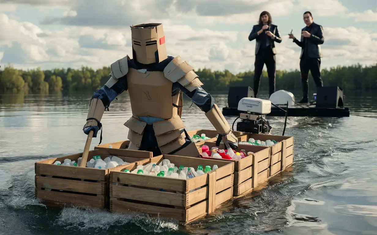 Cardboard Knight Crossing Lake on Pallet Raft with Motor Urban Rafting Adventure with Rap Concert Background