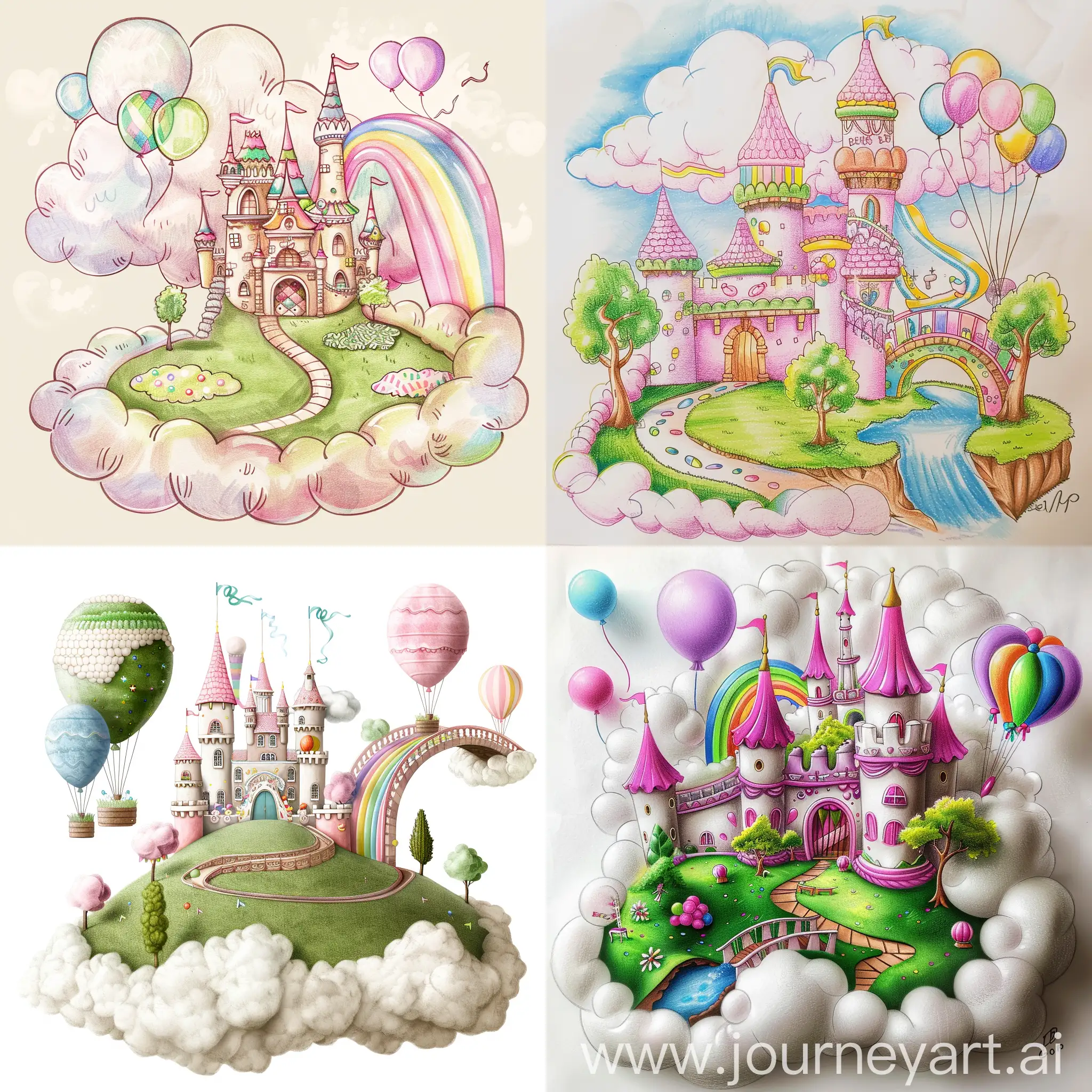  Draw a soft cotton cloud and a candy castle. Inside, there are balloons, green grass, trees, and rainbow bridges 