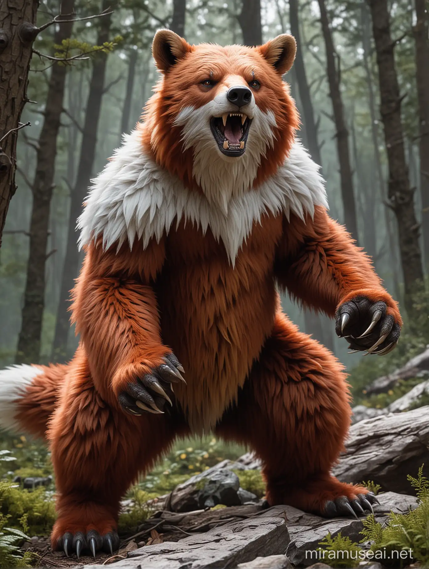 Create a realistic bear from dungeons and dragons, angry and in an attacking position. Its fox red fur with white details. He will be in a forest.