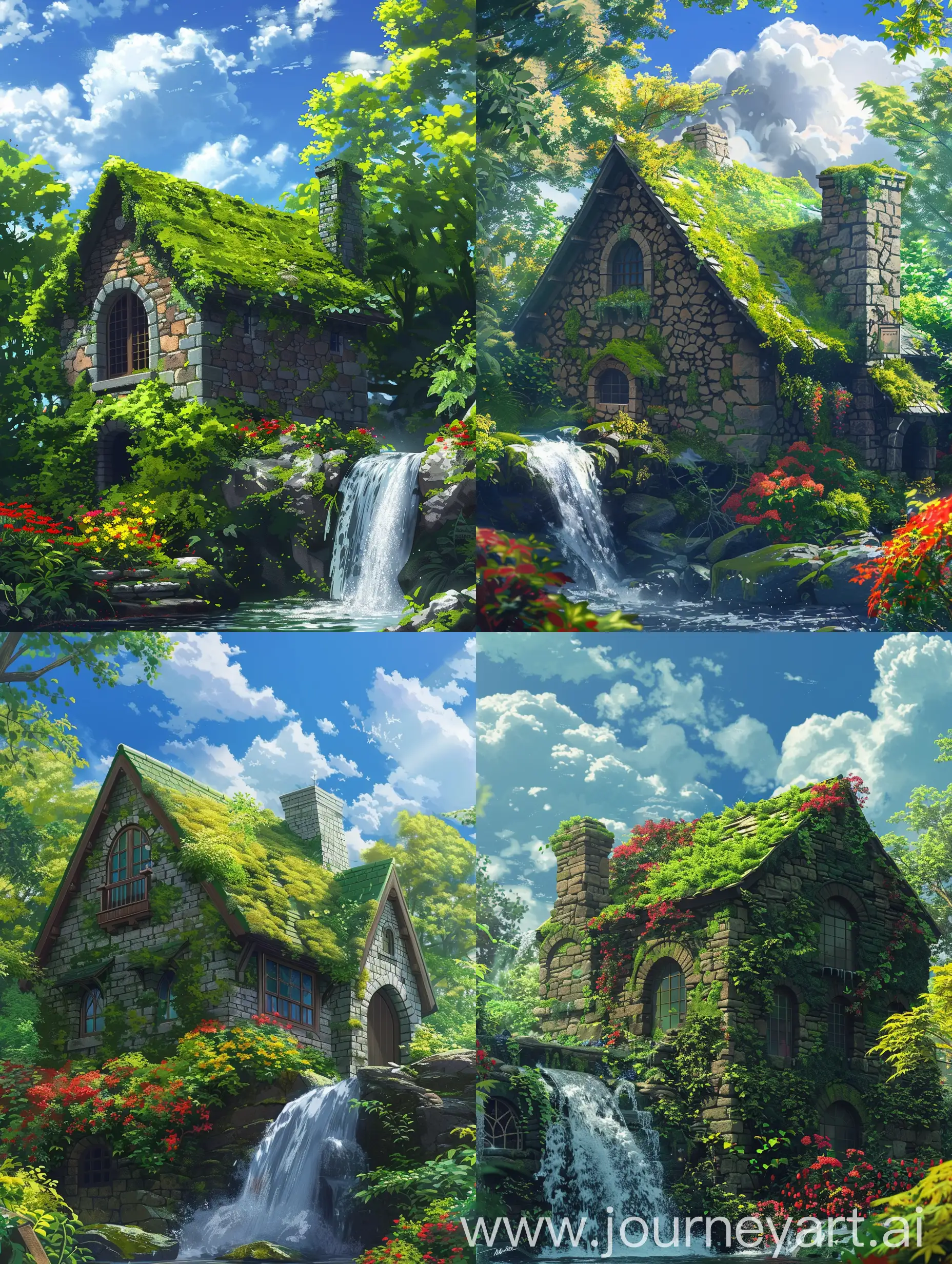 Beautiful anime style scenery,Makato Shinkai style,a little bit of Ghibli studio style touch, a quaint stone cottage with a roof blanketed in moss, suggesting it has been a part of this landscape for many years. An elegant arched window adds to the cottage’s enchanting appearance. The surrounding foliage is in the full embrace of summers, A small waterfall cascades beside the cottage, its gentle flow contributing to the tranquility of the setting. Bright red and yellow flowers near the waterfall’s base inject pops of color into the predominantly green scene. This peaceful tableau, devoid of any human presence, invites onlookers to imagine a quiet life amidst nature’s beauty beautiful summers,beautiful sky,fluffy clouds.