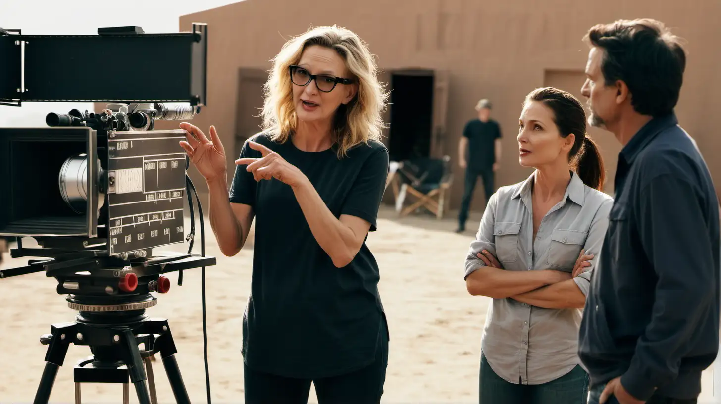A female movie director directing actors on a movie set.